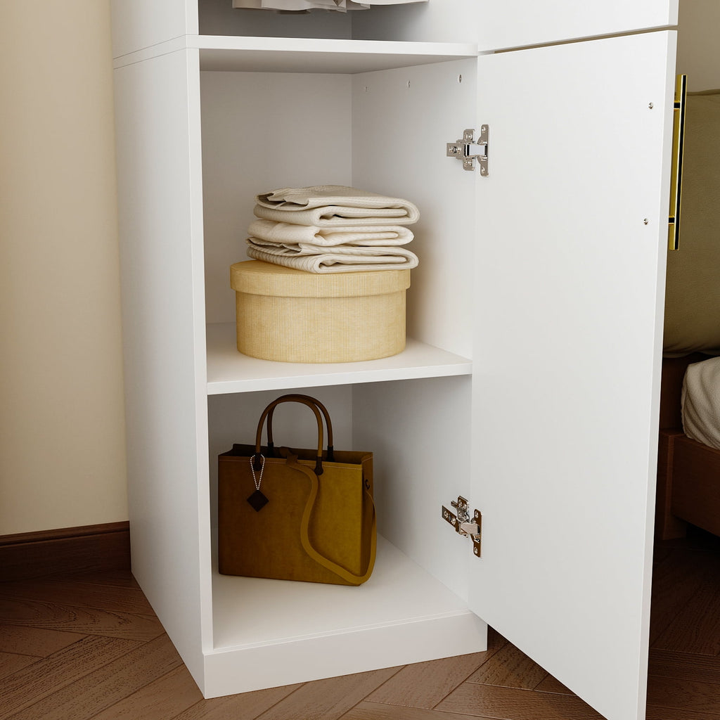 KULAGAGA Wardrobe Closet with Hanging Rod, Modern Wooden Armoire with 4 Framed Doors & 3 Large Shelves, Clothes Storage Cabinet Organizer for Bedroom Apartment, White