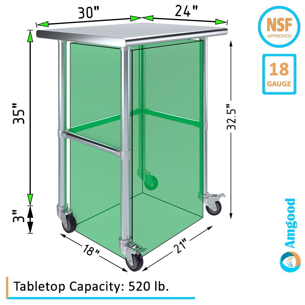 AmGood 36 Long x 30 Deep Stainless-Steel Work Table with Open Base and Wheels, Mobile Metal Table