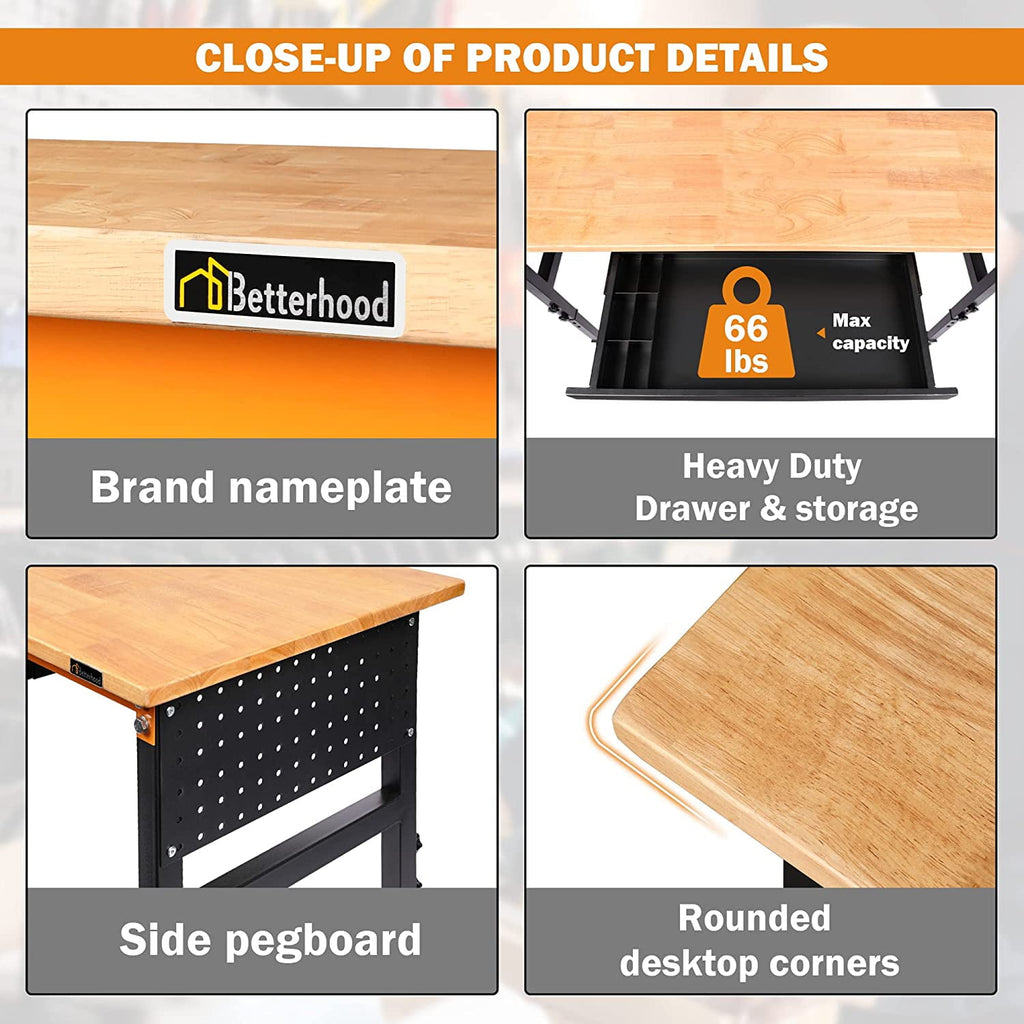 Tolead 60 Heavy-Duty Adjustable Workbench with Power Outlets, Rubber Wood Shop Table, Metal Wheels, Workstation