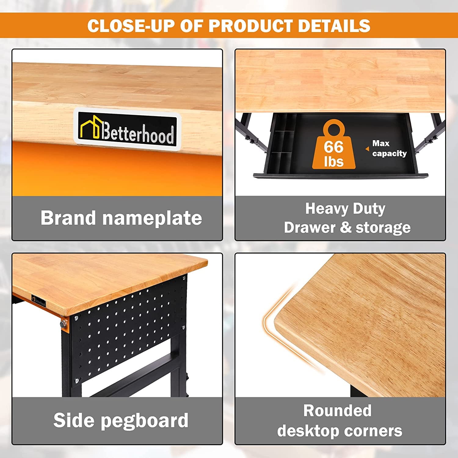 Tolead 60 Heavy-Duty Adjustable Workbench with Power Outlets, Rubber Wood Shop Table, Metal Wheels, Workstation