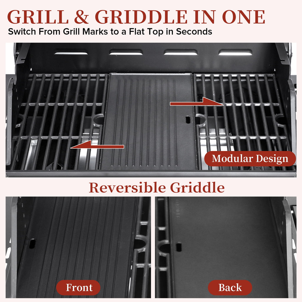 CIG GARDEN 4-Burner Propane Gas Grill and Griddle Combo with Side Burner, Cast Iron Grates, and Double-Wall Insulated Lid