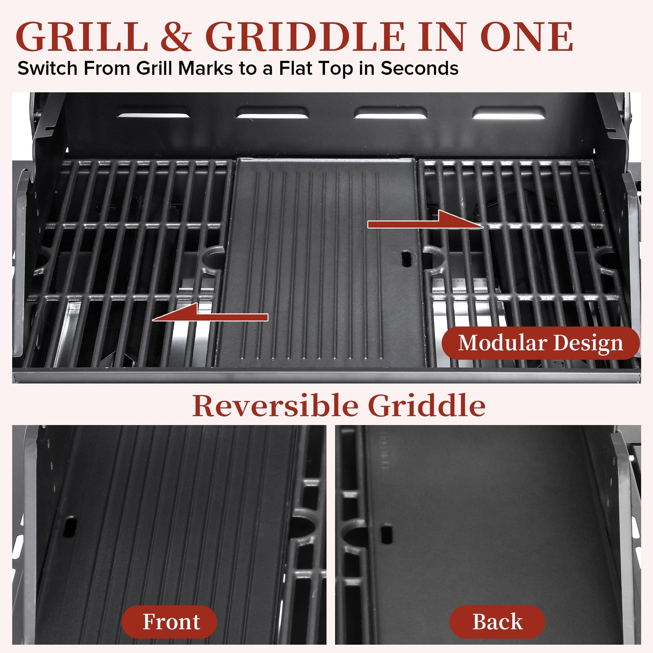 CIG GARDEN 4-Burner Propane Gas Grill and Griddle Combo with Side Burner, Cast Iron Grates, and Double-Wall Insulated Lid