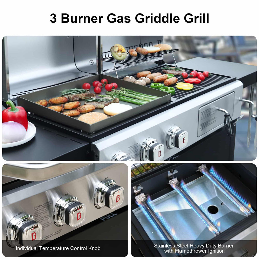 Brand Man Propane 6-Burner Combo Gas Grill with Flat Top Griddle, Heavy Duty 2-in-1 BBQ with Stainless Steel Lids for Outdoor Barbecue