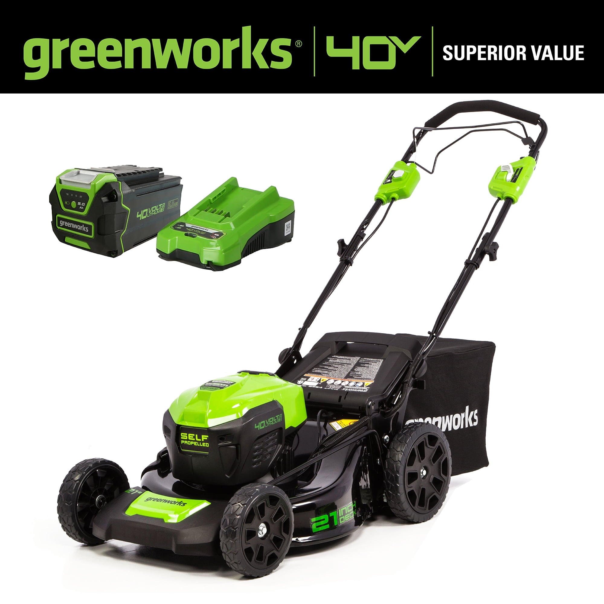 Greenworks 40V 21 Brushless Self Propelled Lawn Mower with 5.0 Ah Battery and Charger 2516402