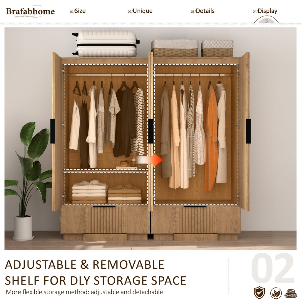 Brafabhome 67H Fluted Armoire Wardrobe Closet with Drawer, Wooden 2 Doors Wardrobe Cabinet with Hanging Rod & Adjustable Shelf for Bedroom | Whitewash