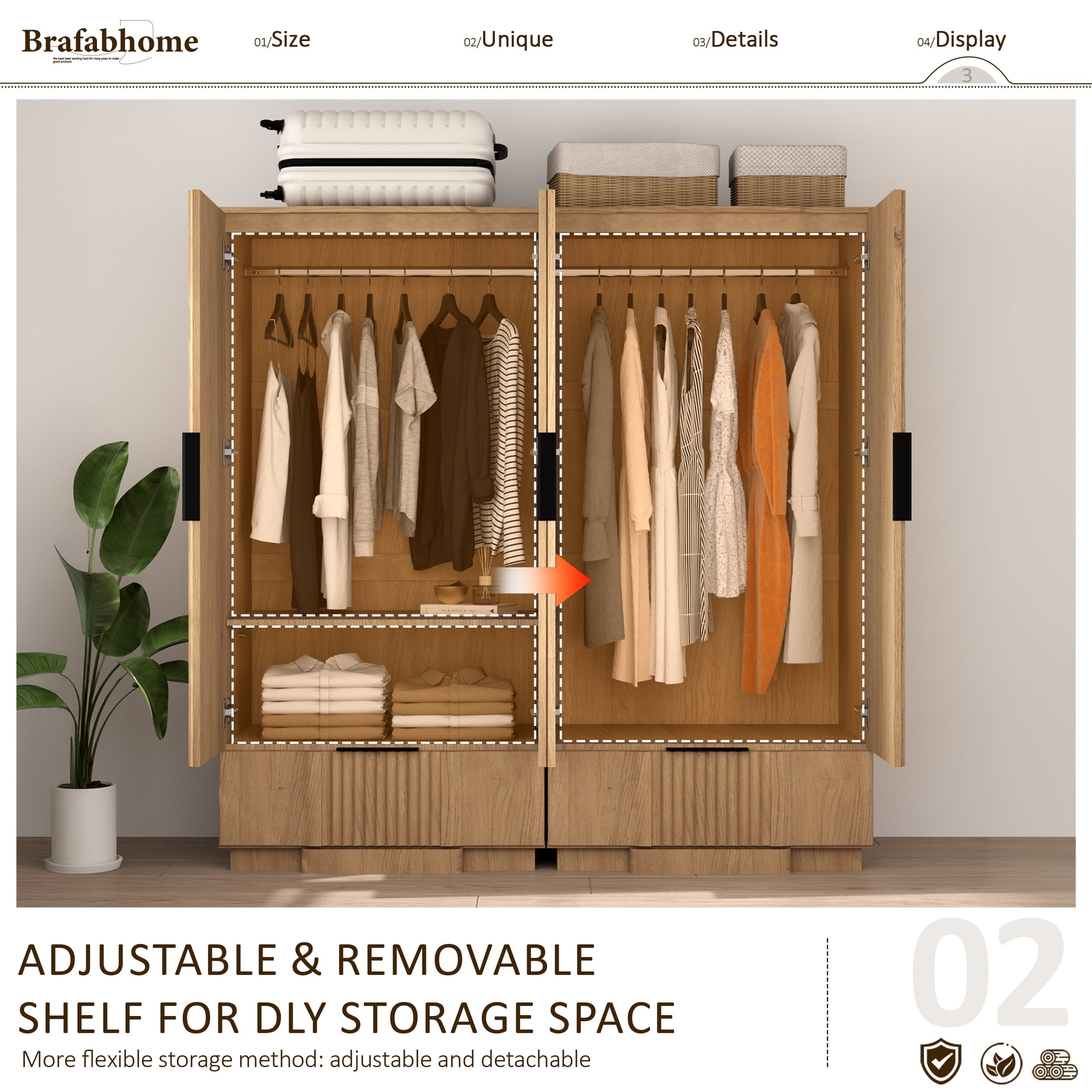 Brafabhome 67H Fluted Armoire Wardrobe Closet with Drawer, Wooden 2 Doors Wardrobe Cabinet with Hanging Rod & Adjustable Shelf for Bedroom | Whitewash