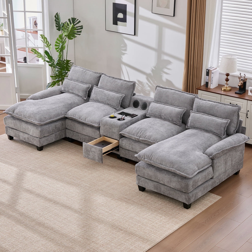 Villeston 126.77 U-Shaped Cloud Sofa With Chaise Lounge, Chenille Sofa With Wireless Charging, Bluetooth Speaker, Two Cup Holders, Storage Drawer, Suitable For Living Room,Gray