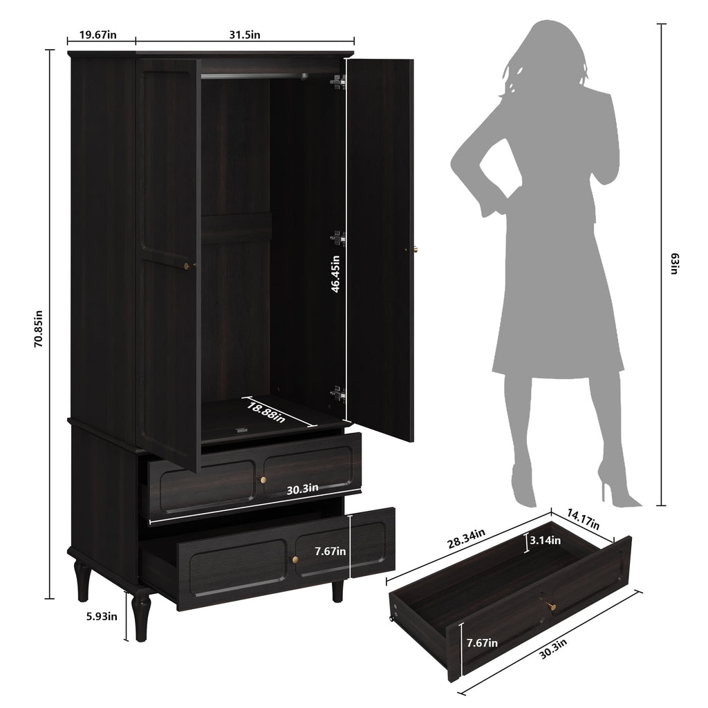 HLR 71 Tall Modern Wood Armoire Wardrobe Closet, Freestanding Cabinet with Hanging Rod for Bedroom, Brown