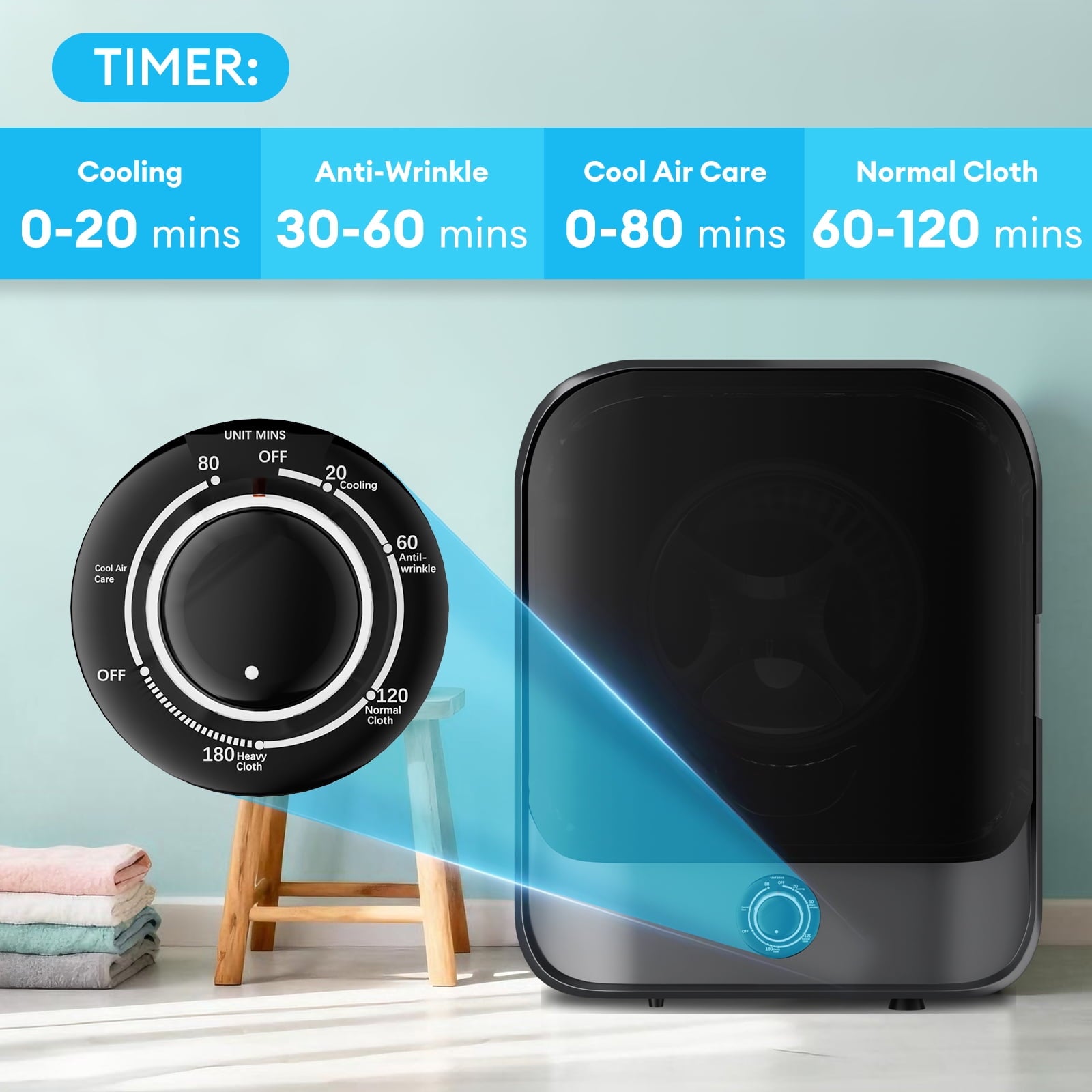 TABU 2.6 Cu.Ft. Portable Clothes Dryer, 110V Electric Clothes Dryer with Stainless Steel Tub & Control Knob, for Apartments, Dorm, RV, Black