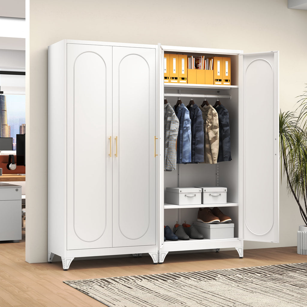 Polup 71 H Modern Metal Sturdy Armoire Cabinet with Shelves and Hanging Rod, Adult Bedroom Wardrobe Closet with Doors