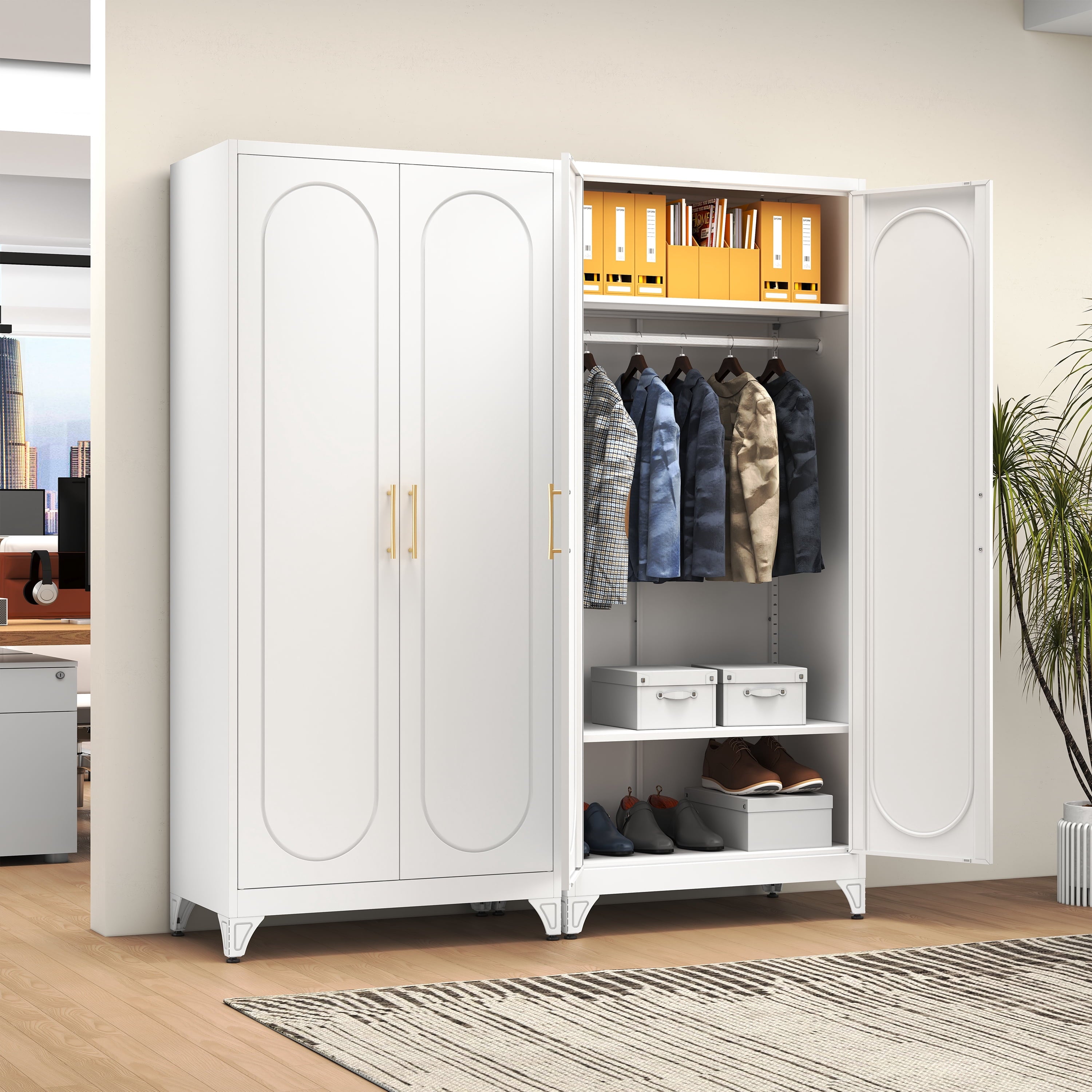 Polup 71 H Modern Metal Sturdy Armoire Cabinet with Shelves and Hanging Rod, Adult Bedroom Wardrobe Closet with Doors