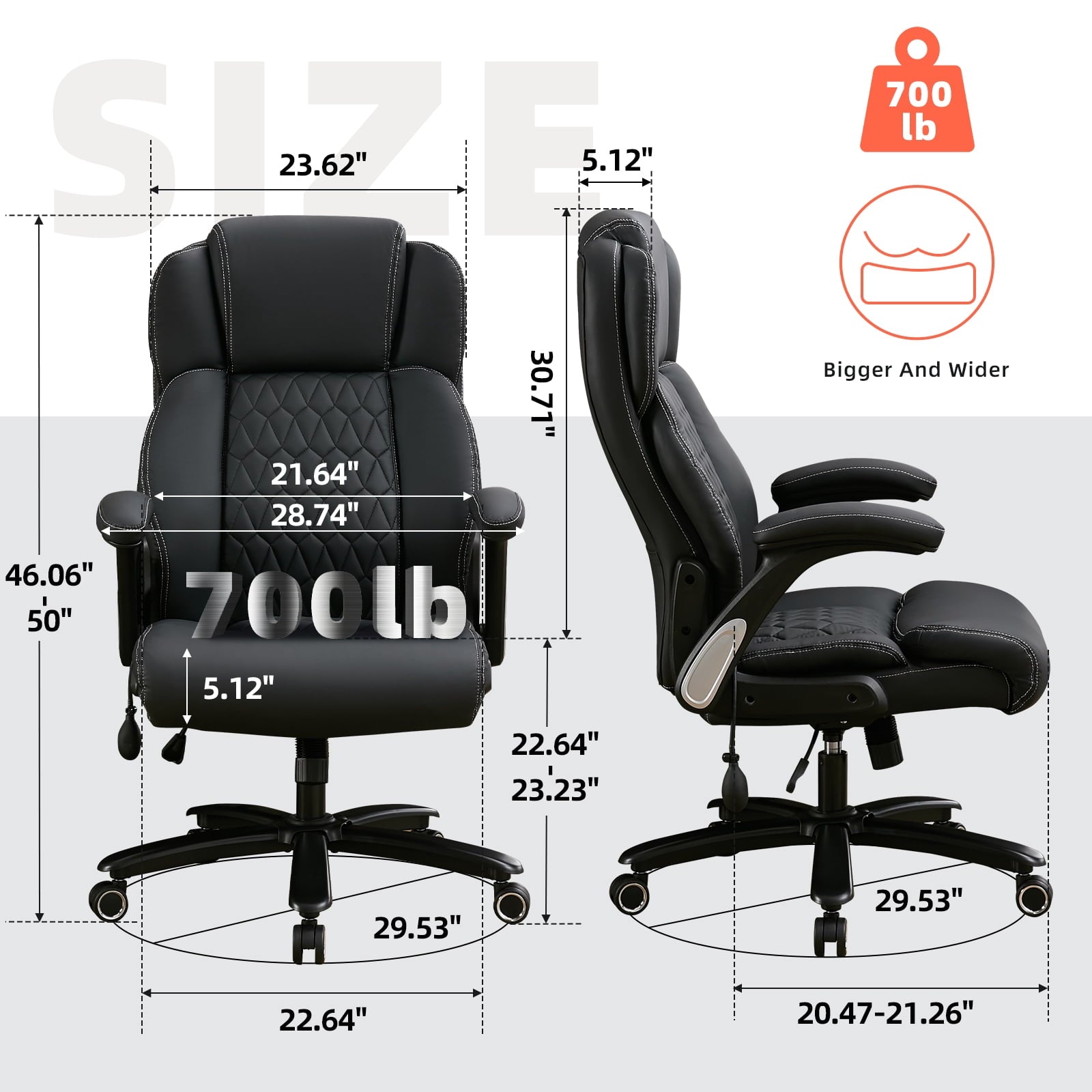 NYOAK 700lbs Big and Tall Office Chair, Heavy Duty Ergonomic Chair, Extra Wide Seat, Quiet Rubber Wheels, High Back with Lumbar Support, Flip-Up Arms