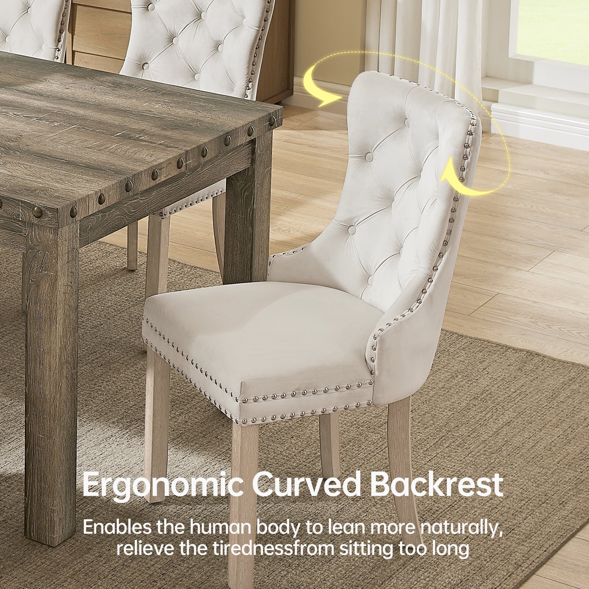 Farmhouse Dining Table Set for 6, Rectangular Wooden Table& 6 Upholstered Kitchen Chairs with Nailhead Accents for Dining Hub,Breakfast Nook