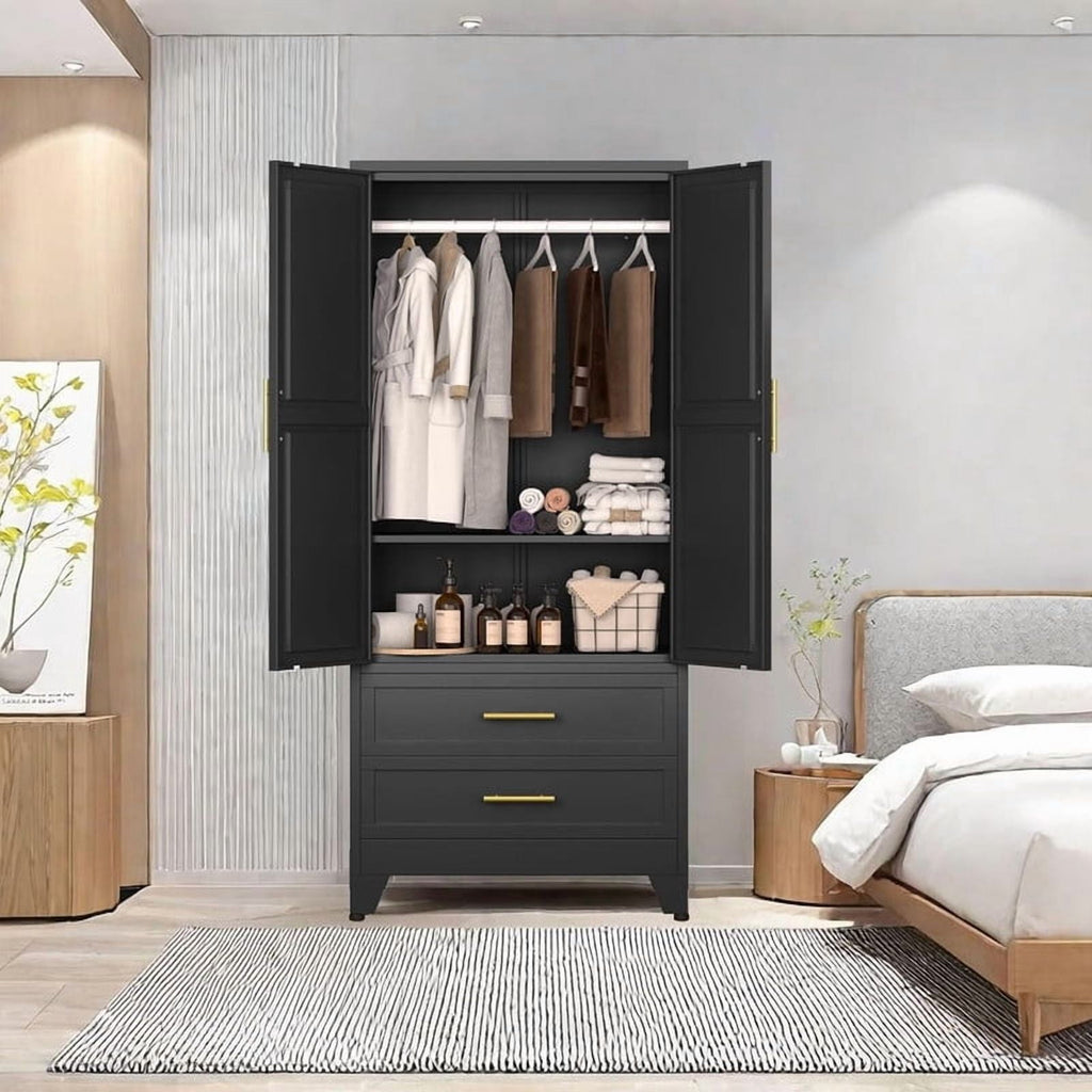 EROSOEI Metal Freestanding Armoire Wardrobe Clost With Hanging Rod and Drawers