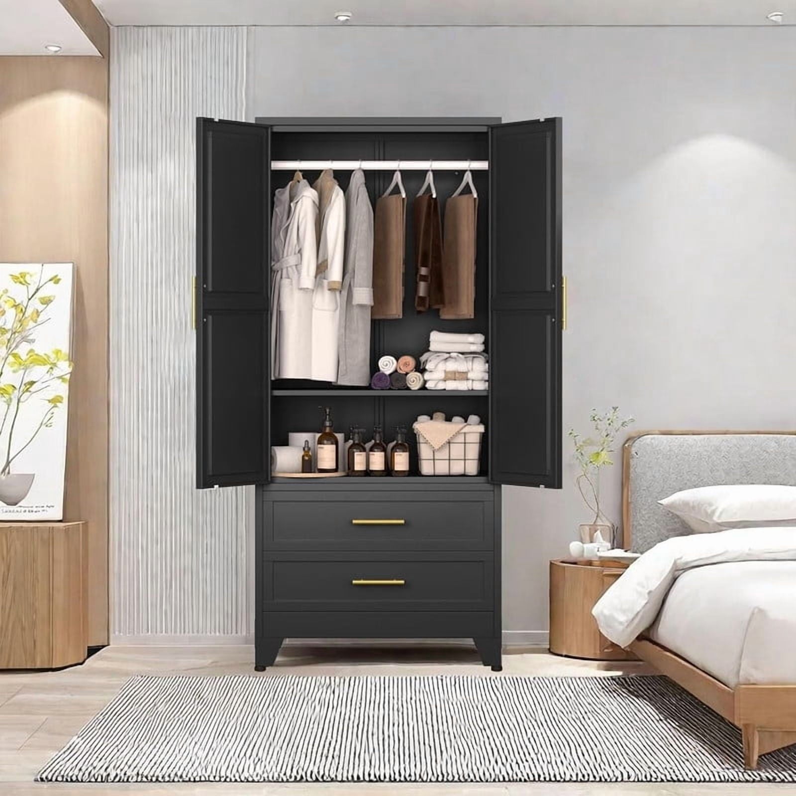 EROSOEI Metal Freestanding Armoire Wardrobe Clost With Hanging Rod and Drawers