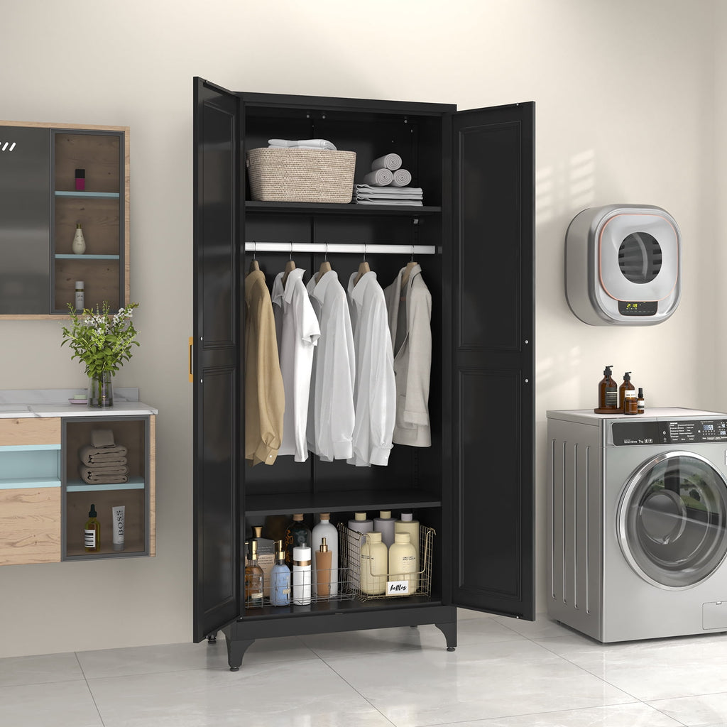 Polup 71 H Modern Metal Sturdy Armoire Cabinet with Shelves and Hanging Rod, Adult Bedroom Wardrobe Closet with Doors