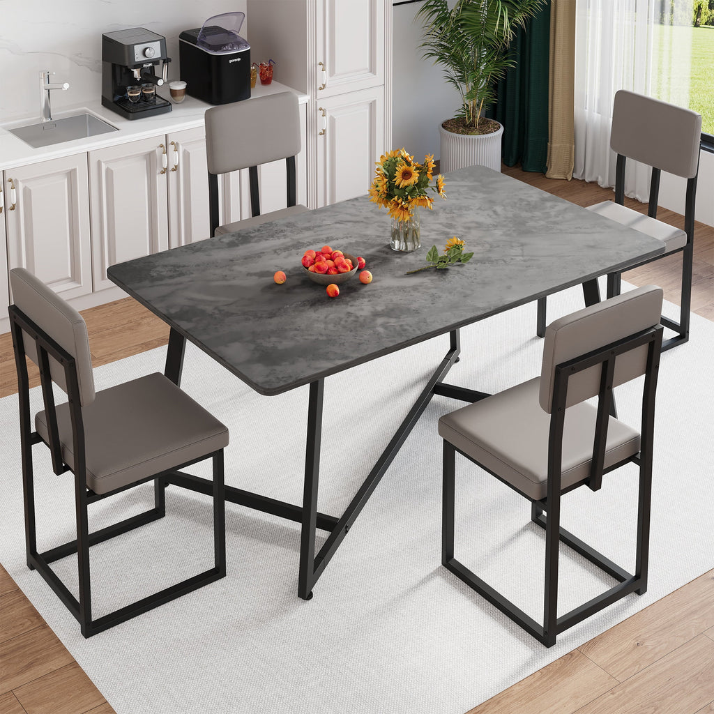 PORKISS 5 Piece Dining Table Set, Modern Faux Marble Tabletop and 4 Linen Upholstered Chairs, Rectangle Kitchen Table and Chairs for 4, White + Gray(Linen)