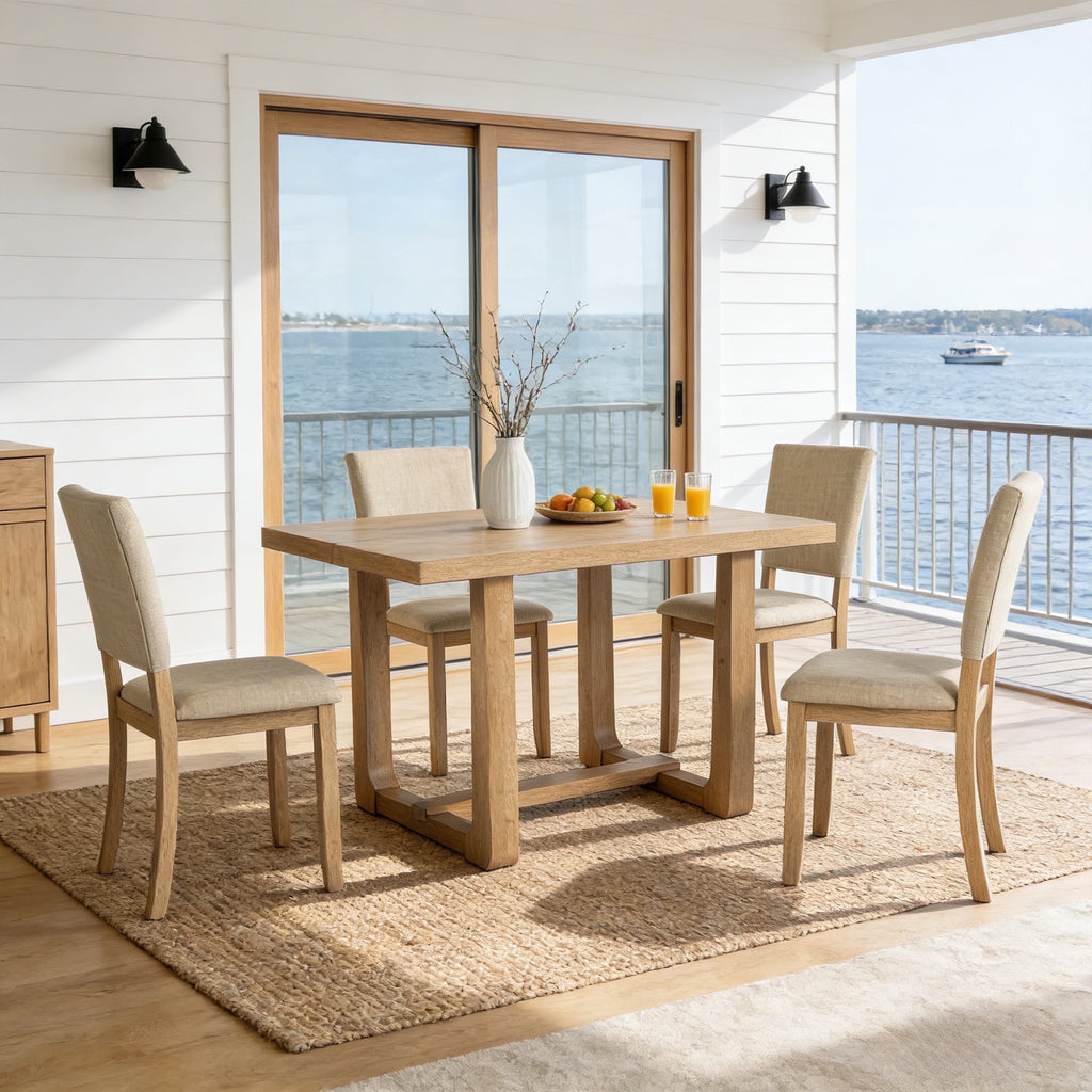 Leovanni Modern 48 5-Piece Solid Wood Dining Table Set with 4 Upholstered Chairs, Rectangular Kitchen & Dining Room Set, Natural