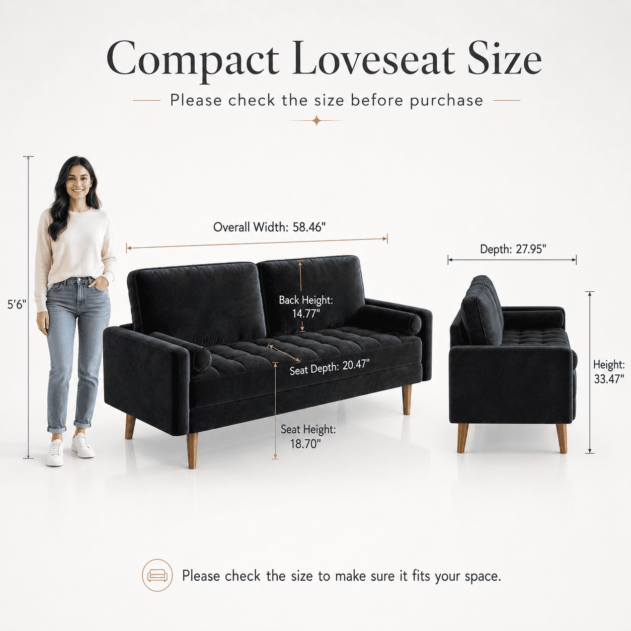 Neche Sofa for Living Room,Solid Wood Foot, 2 Seater Small Modern Loveseat Couch in a Box  - Black