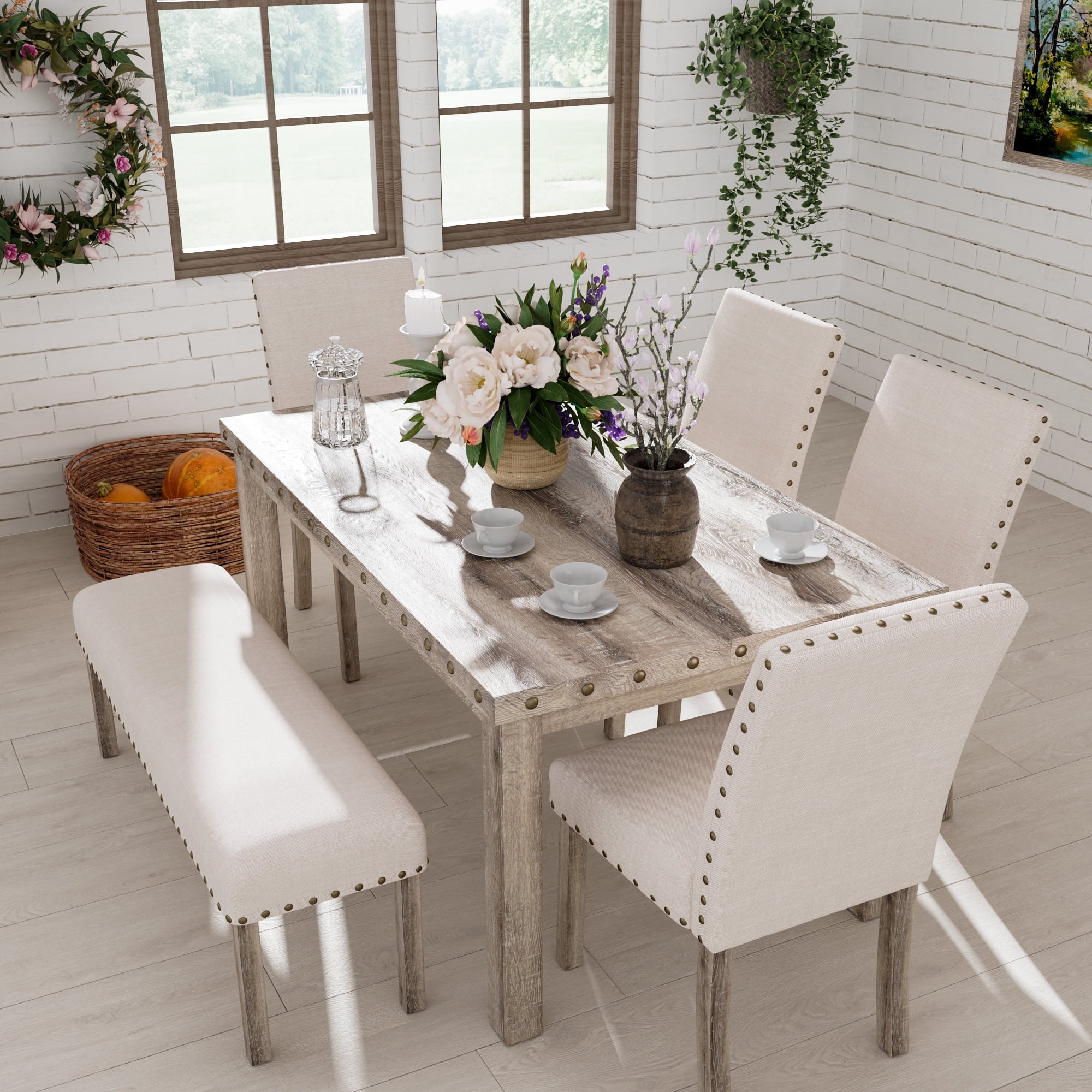 Farmhouse Dining Table Set for 6, Rectangular Wooden Table& 6 Upholstered Kitchen Chairs with Nailhead Accents for Dining Hub,Breakfast Nook