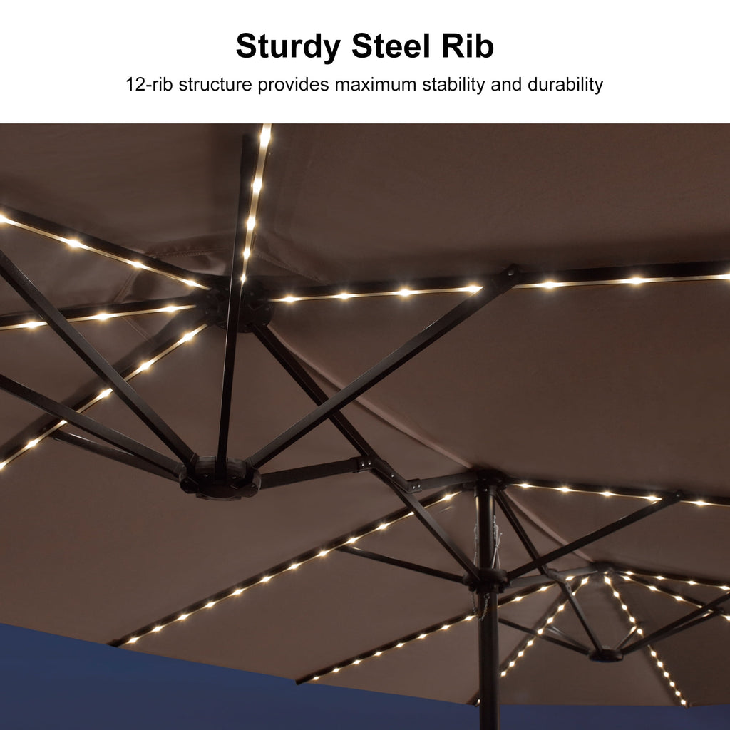 PURPLE LEAF 13ft Market Patio Umbrella with Solar LED and Base Double-Sided Sun Umbrellas for Pool Beach Deck Backyard Taupe