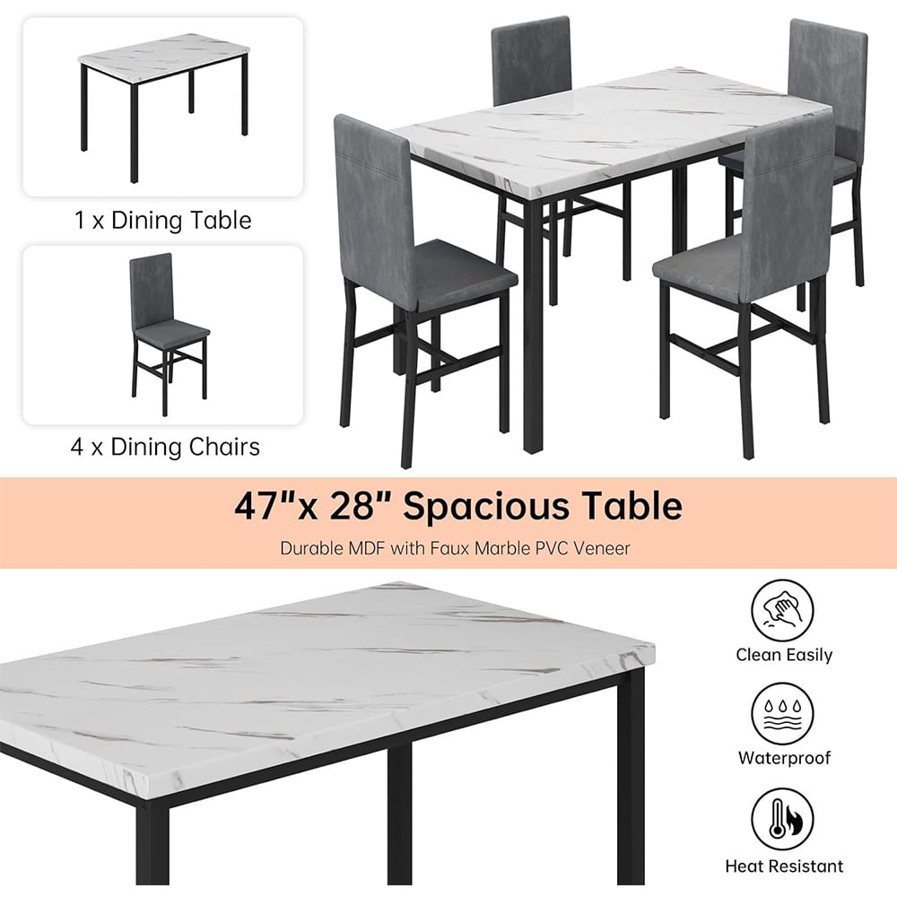 LinkRomat 5-Piece Faux Marble Dining Table Set for 4, Modern Kitchen Table with Chairs, Dinette Dining Room Furniture Set for Compact Space Saving