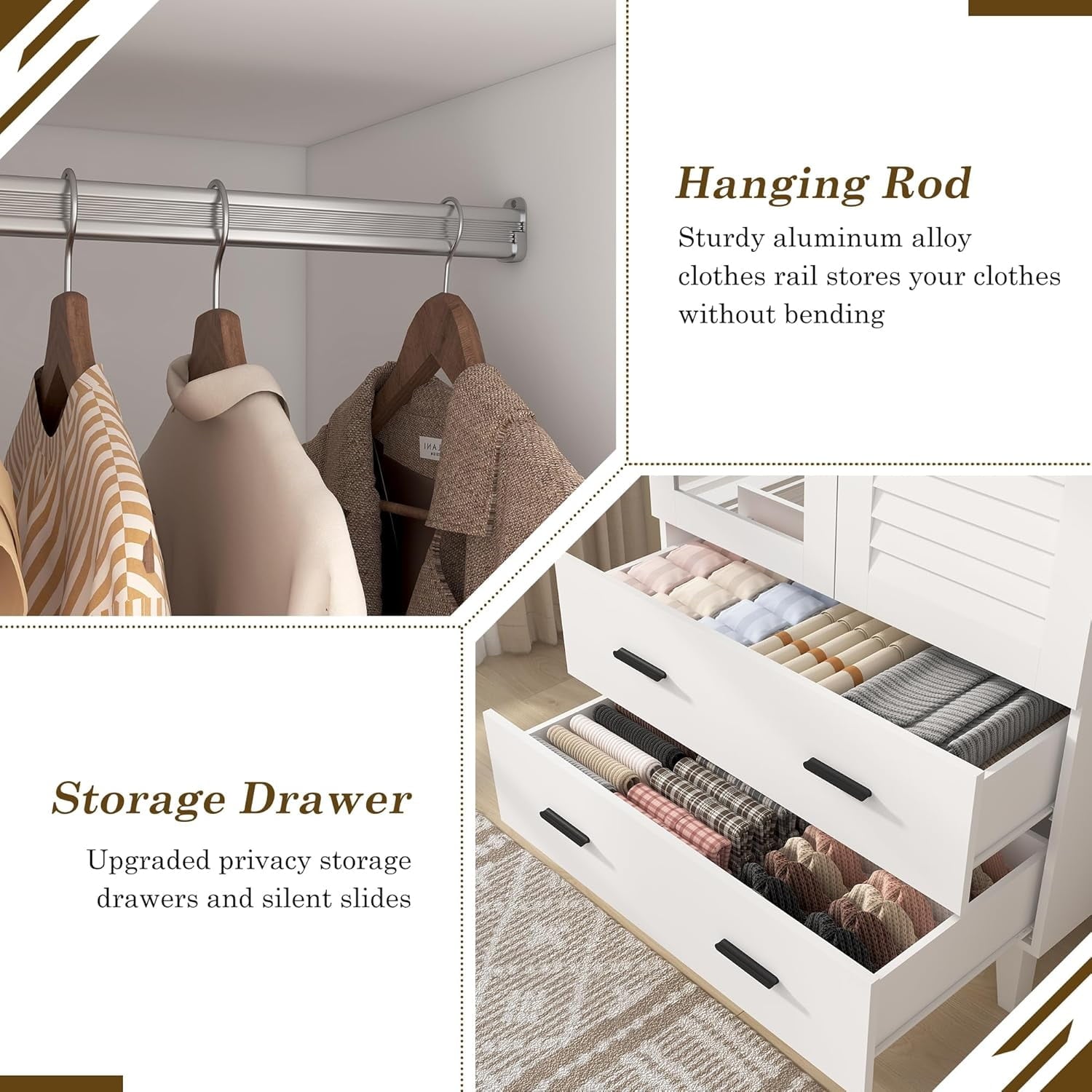 Blotout 70 Armoire Wardrobe Closet with Mirror & LED Lights, LED White Louver Door Wardrobe Armoire with 3 Drawers & Hanging Rods, Large 3 Doors Armoire Storage with Multi-Layer Shelves