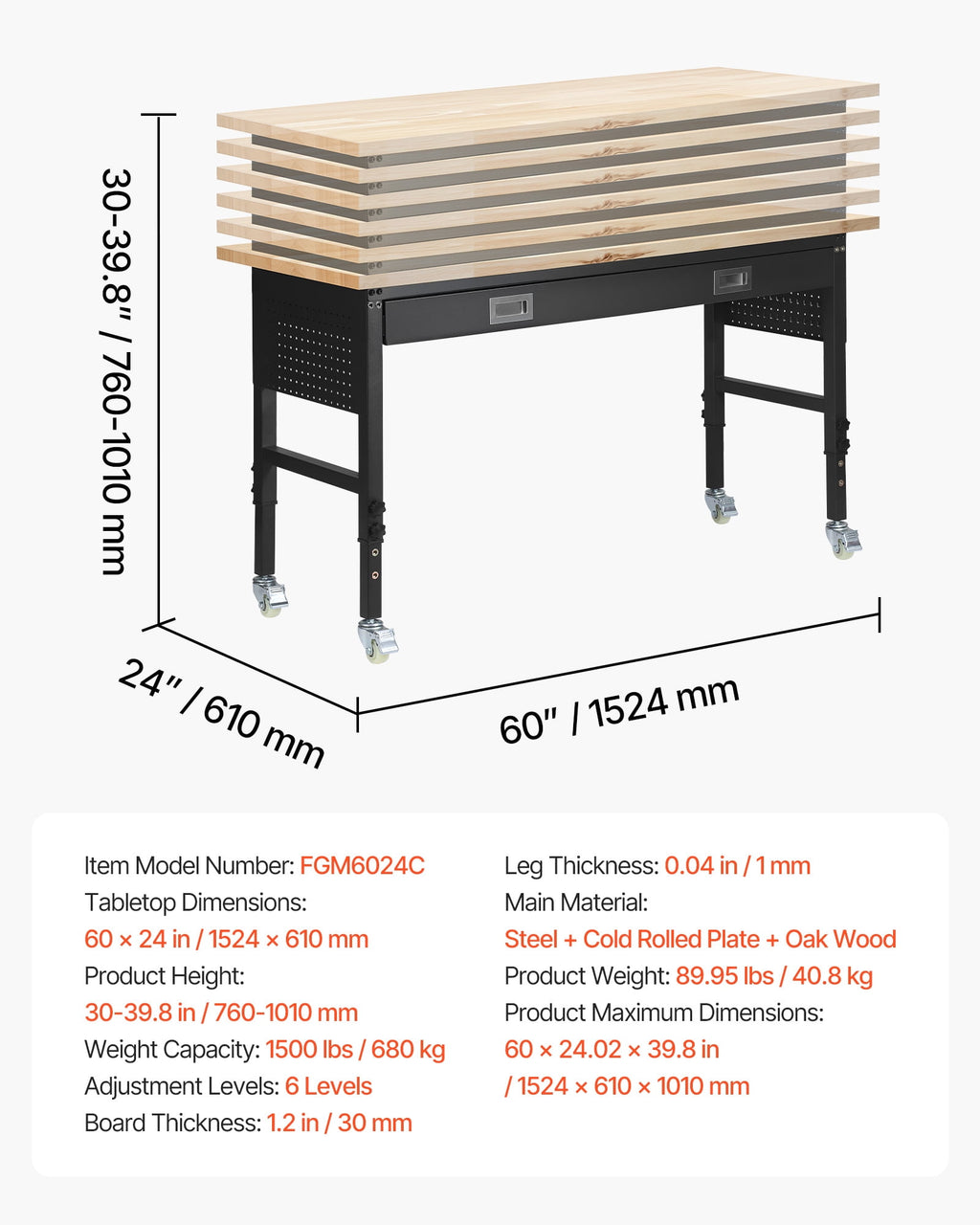 VEVOR 60-inch Adjustable Workbench, 1500 lbs Load Capacity, Garage Workbench with Drawer, Power Outlet, Wheels, and Pegboard, Heavy Duty Oak Wood Top Work Table for Garage, Workshop, Office, and Home