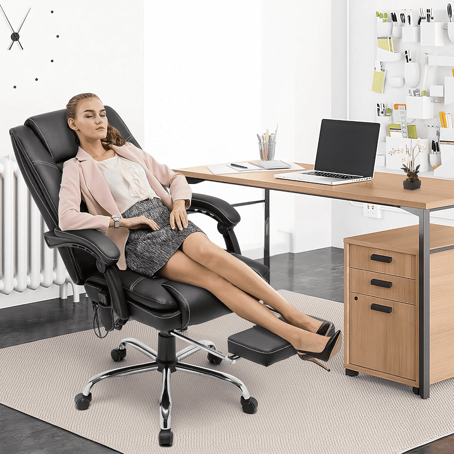HOMREST Ergonomic Office Chair with 6-Point Massage & Heating, Adjustable Executive Desk Chair with Retractable Footrest, PU Leather Home Office Desk Chair for Home & Office (Black)