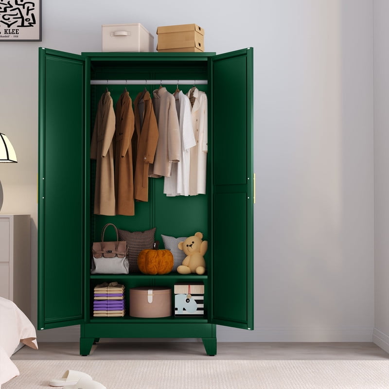 Ero Metal Freestanding Armoire Wardrobe Closet with Hanging Rod and Mirror