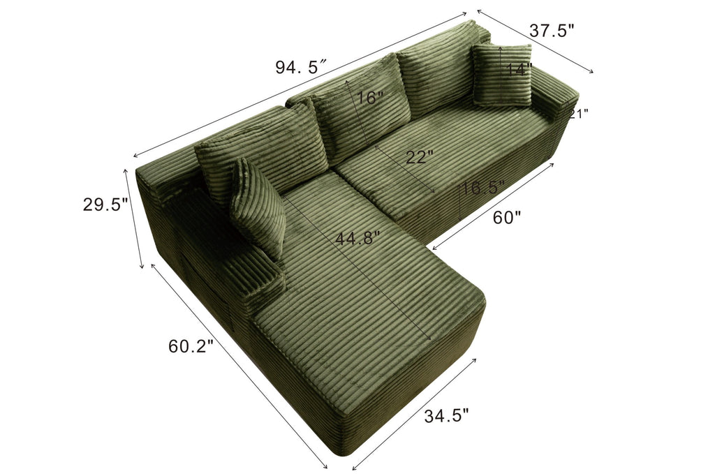 LLappuil 108 Sectional Sofa, Modular Sectional Couch with Left Chaise, Deep Seat Corduroy Cloud Sofa for Living Room Black