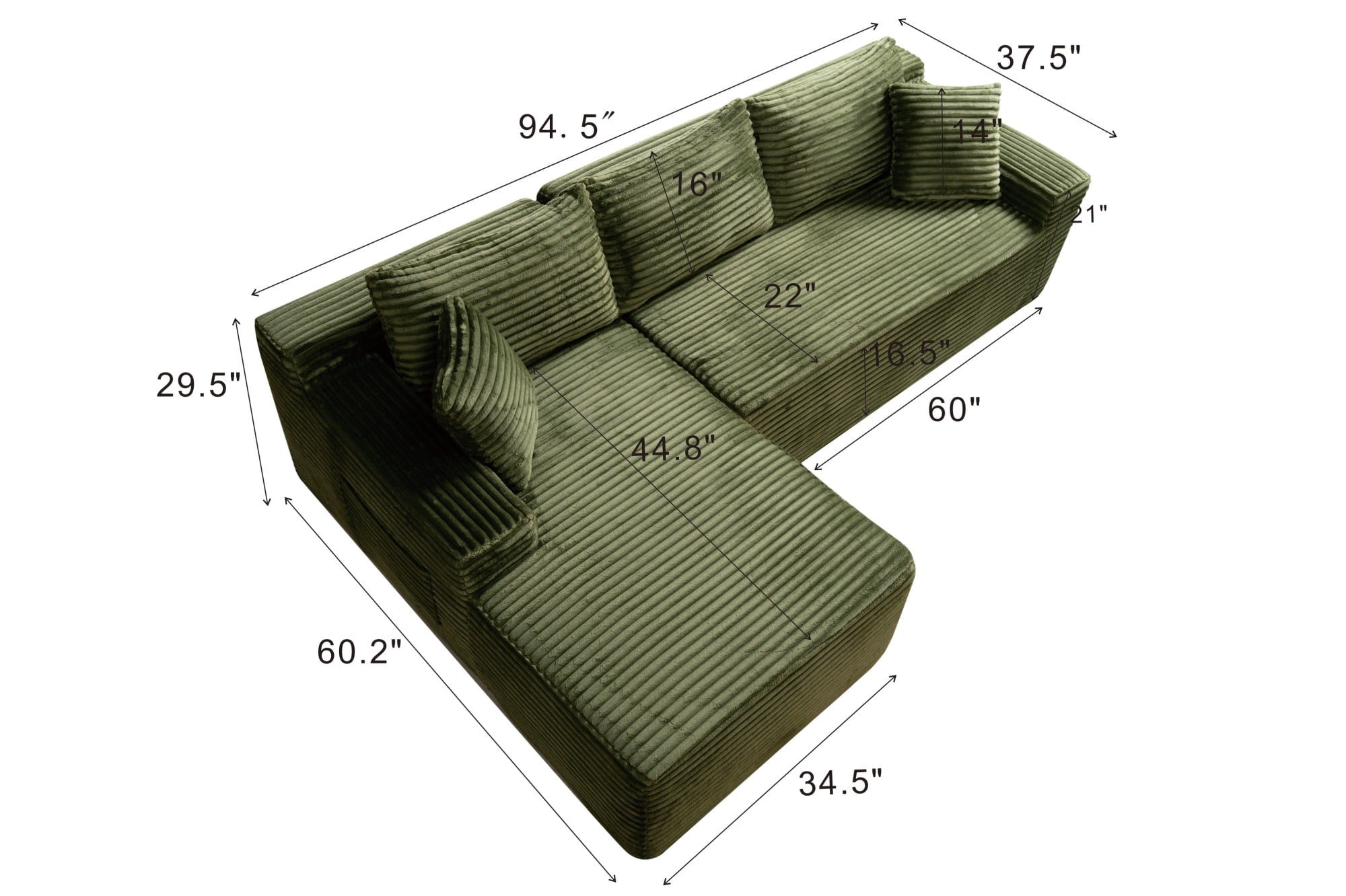 LLappuil 108 Sectional Sofa, Modular Sectional Couch with Left Chaise, Deep Seat Corduroy Cloud Sofa for Living Room Black