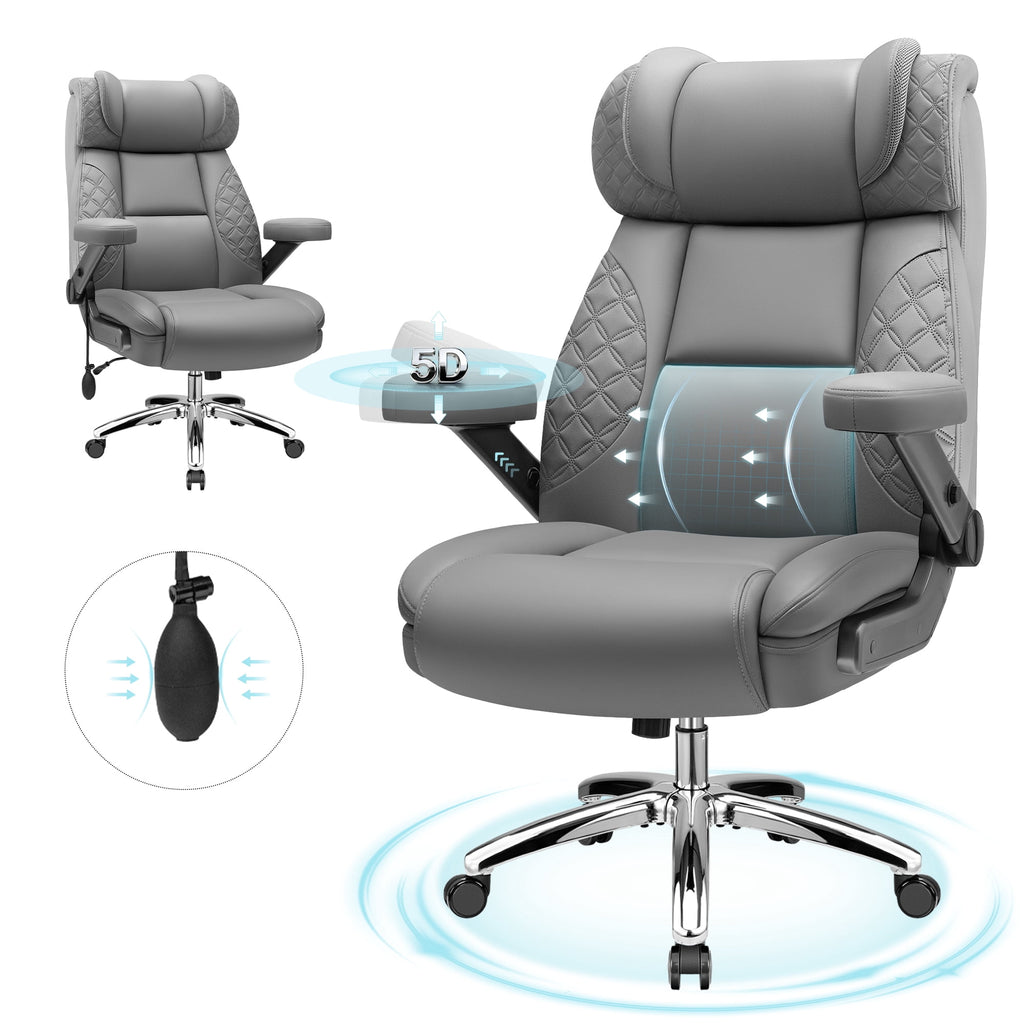 FASTES Leather Office Chair Big and Tall Desk Office Chair, 500lbs Computer Chair Ergonomic Extra Wide Gaming Chair with Adjustable Lumbar Support 5D Flip Arms, Black