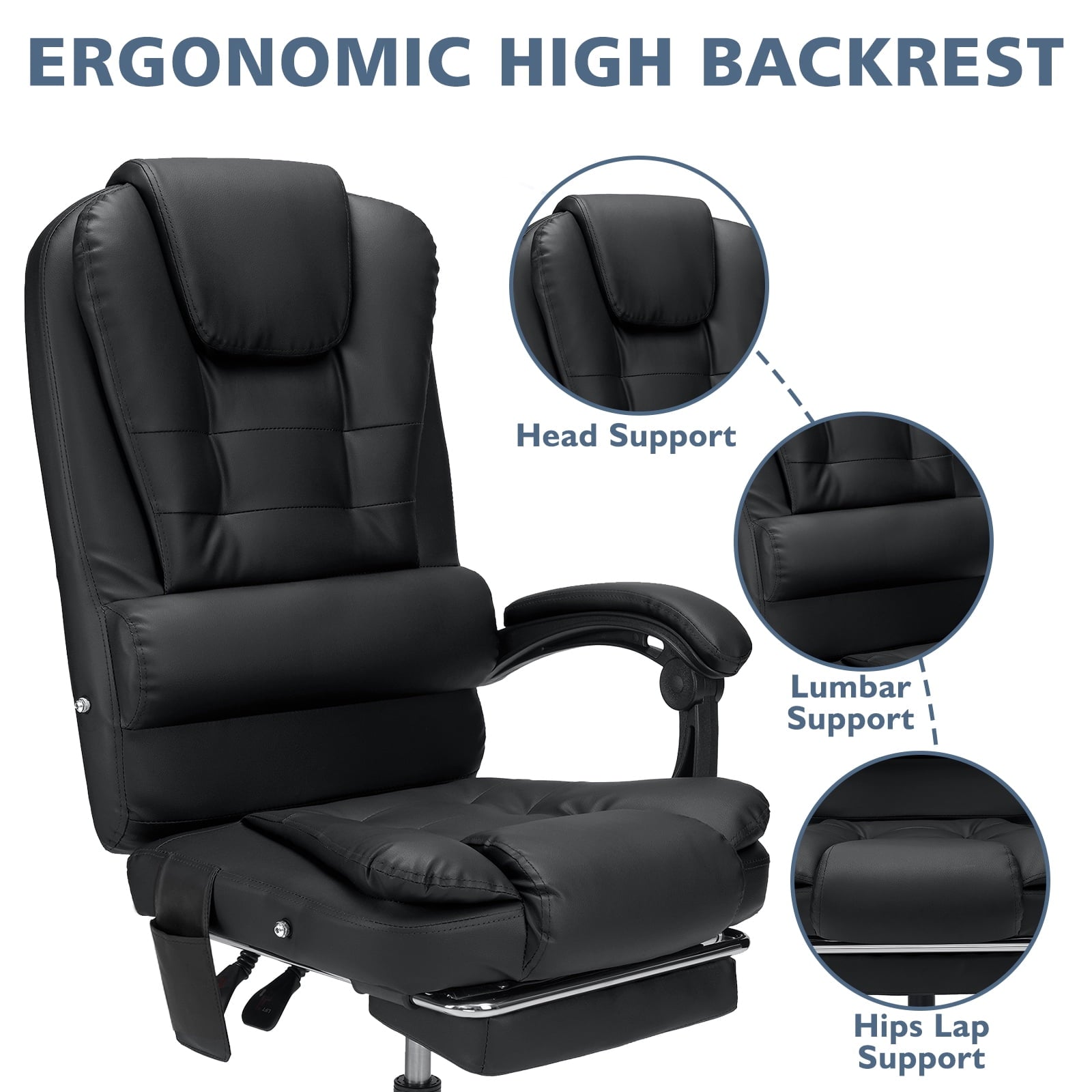 Hoffree Executive Office Chair Massage and Footrest Ergonomic Computer Desk Chair Reclining High Back Leather Office Chair Lumbar Back Support Swivel Rolling for Home Office Black