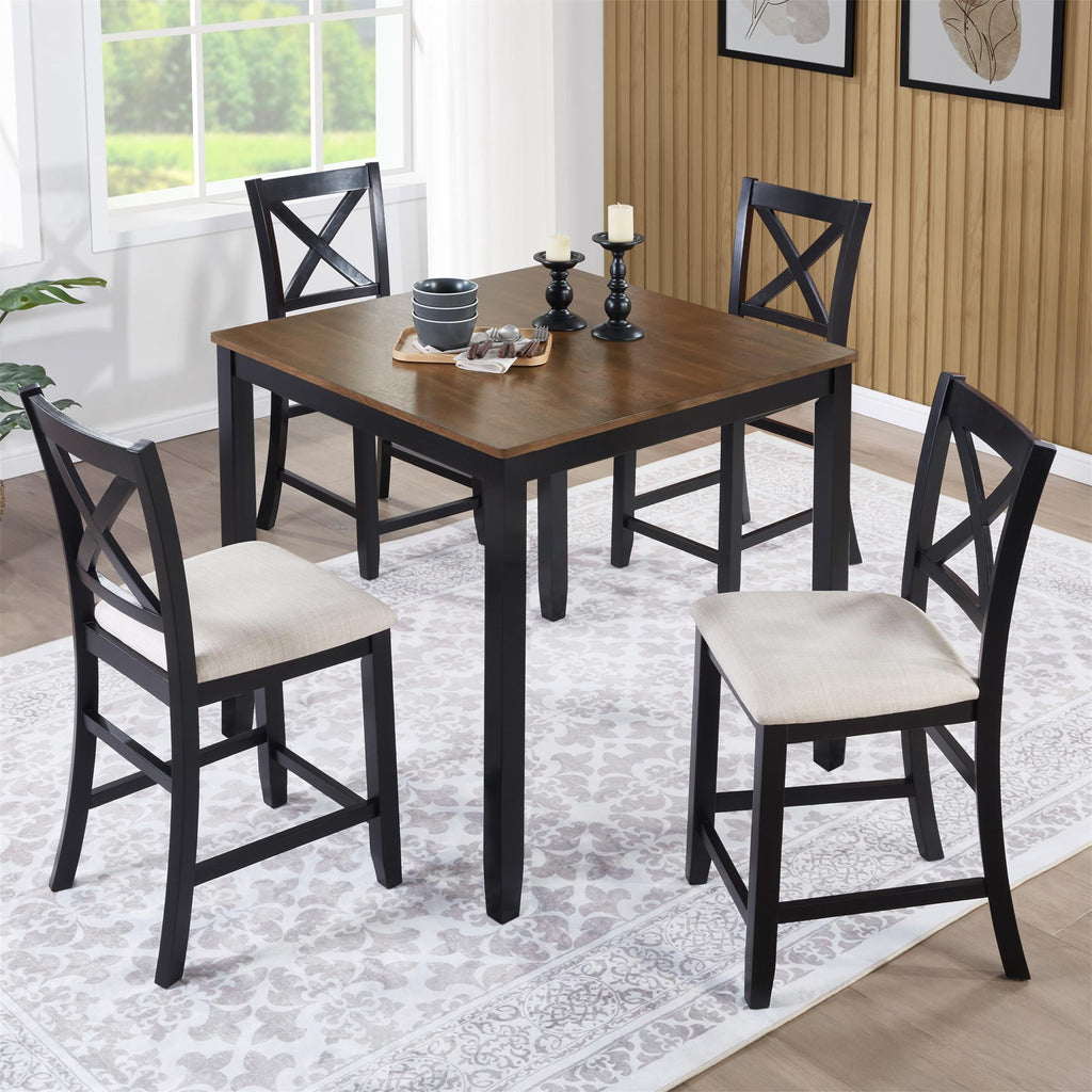 SESSLIFE Dining Table Set for 4, Counter Height Kitchen Table Set with Square Table and 4 Upholstered Chairs, Solid Wood Dining Room Set for 4, Space-Saving, Black & Oak
