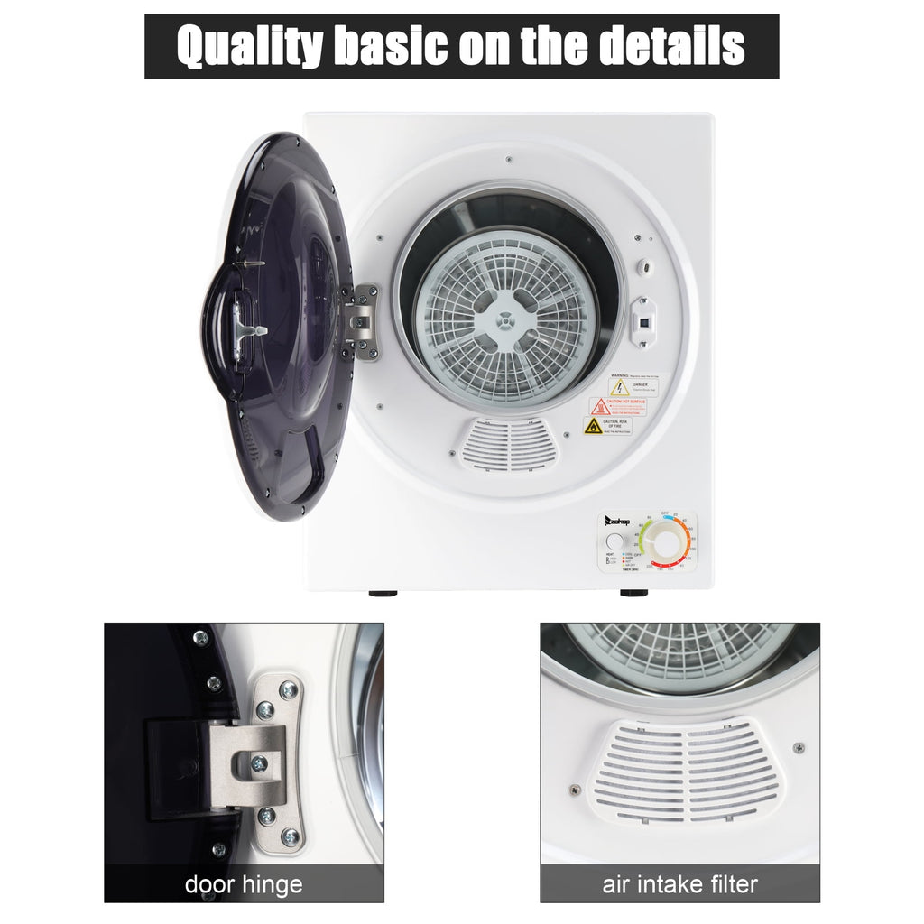 Tcbosik ZOKOP 1.6 cuft Compact Portable Household Clothes Dryer, 120V Stainless Steel Drum Dryer for Apartments, Home, Dorm, MECHANICAL Control and ETL Certification, Black & White