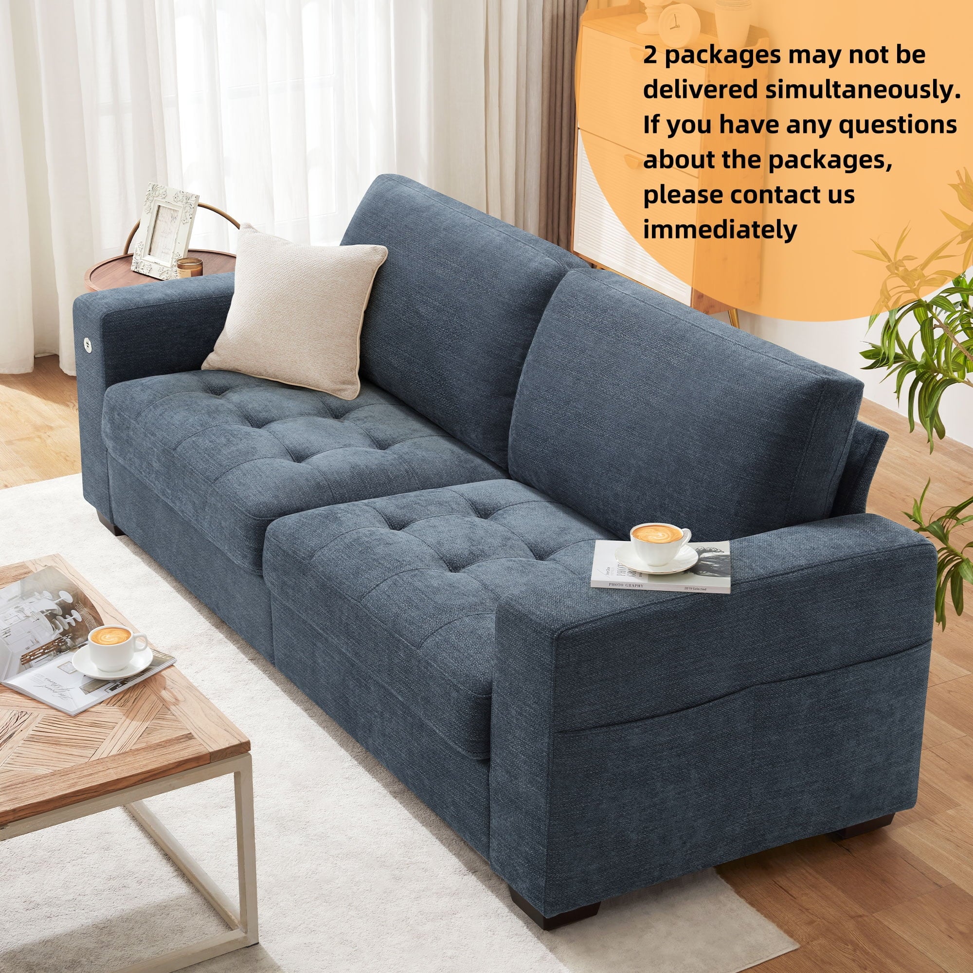 Bedluxury 89 Deep Sofa Couch with USB/Type-C Charging, Storage Pocket & Wide Armrest, Removable Cover, Seats 3 Adults, Chenille Beige