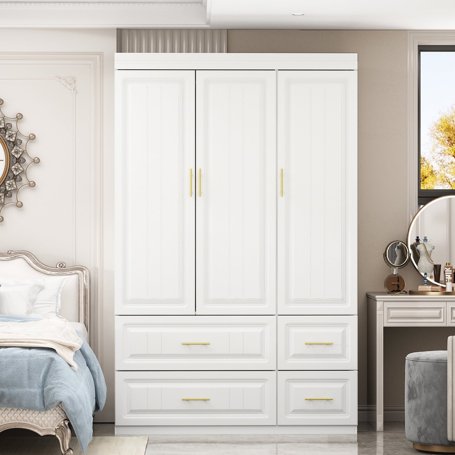 OxyLife 2 Door Wardrobe Armoire, White Closet Storage Organizer with Drawers and Shelves