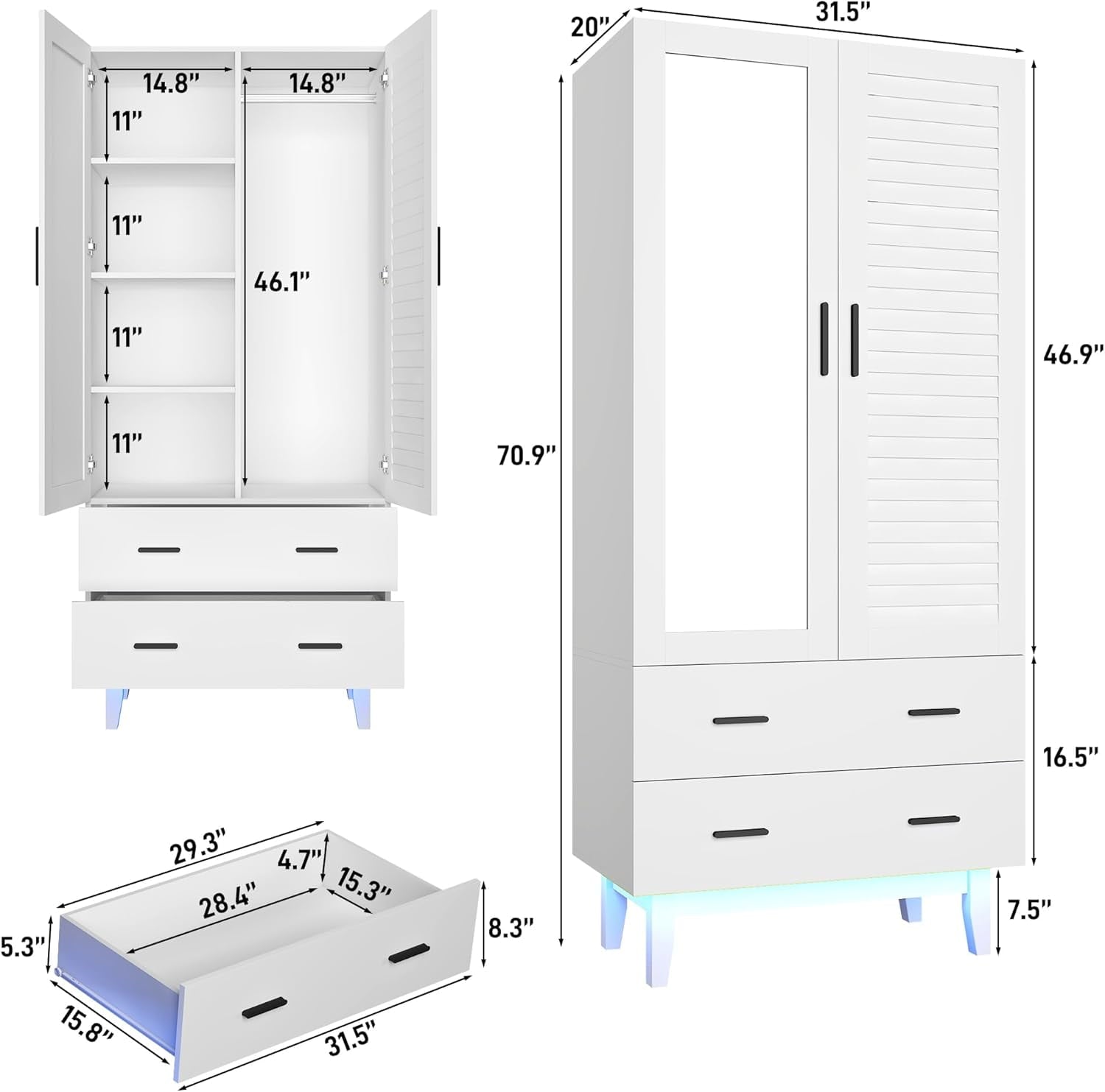 Blotout 70 Armoire Wardrobe Closet with Mirror & LED Lights, LED White Louver Door Wardrobe Armoire with 3 Drawers & Hanging Rods, Large 3 Doors Armoire Storage with Multi-Layer Shelves