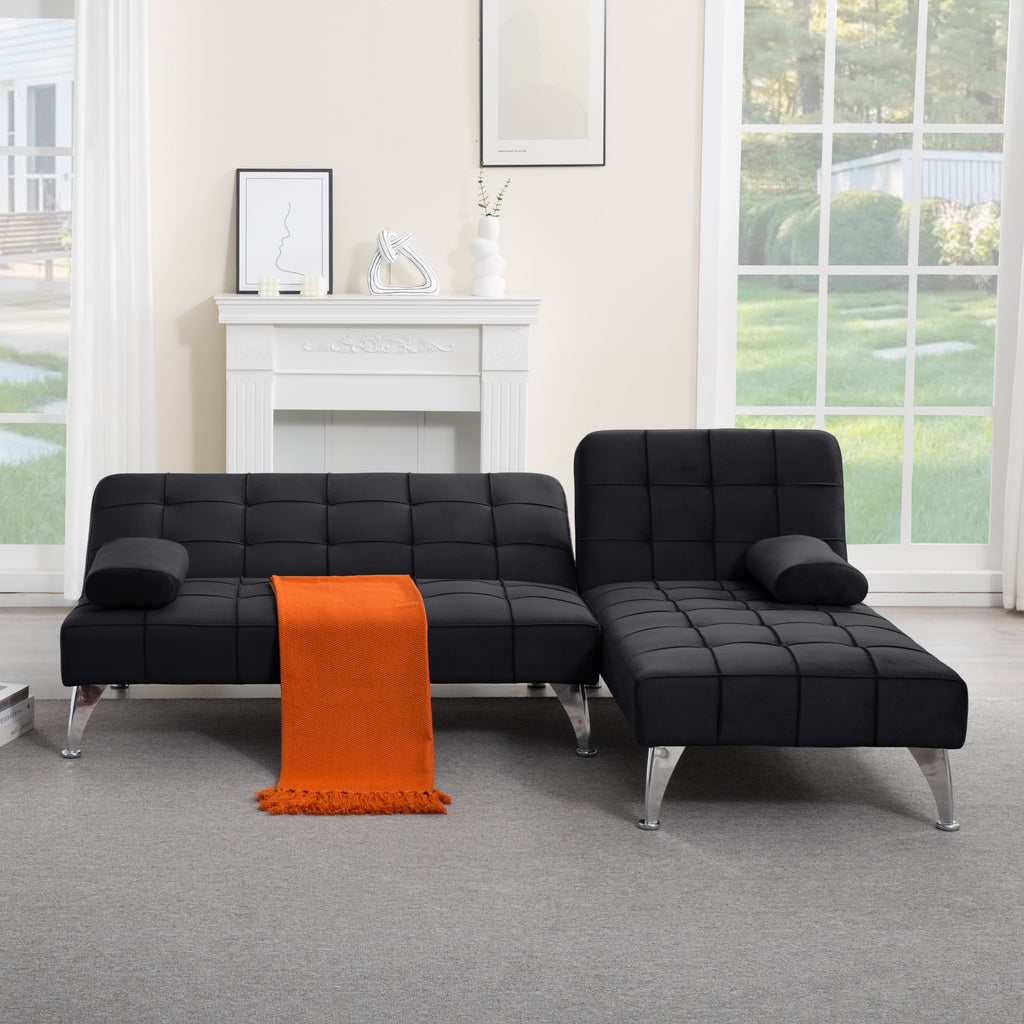 Gewnee 78.35”L-Shaped Velvet Reversible Sectional Sleeper Sofa,Futon Sofa with Adjustable Split Back & Chaise,Couch for Home,Office and Guest Room.Black