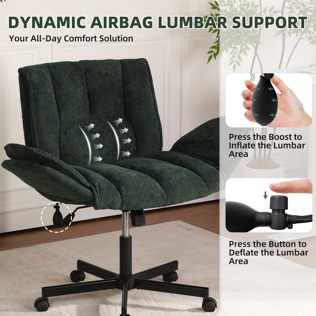 Cross Legged Office Chair with Wheels & Dynamic Airbag Lumbar Support, Criss Cross Wide Seat, 5-Position Fold-Down Armrests, Swivel Vanity Chair for Home Office, Dark Green