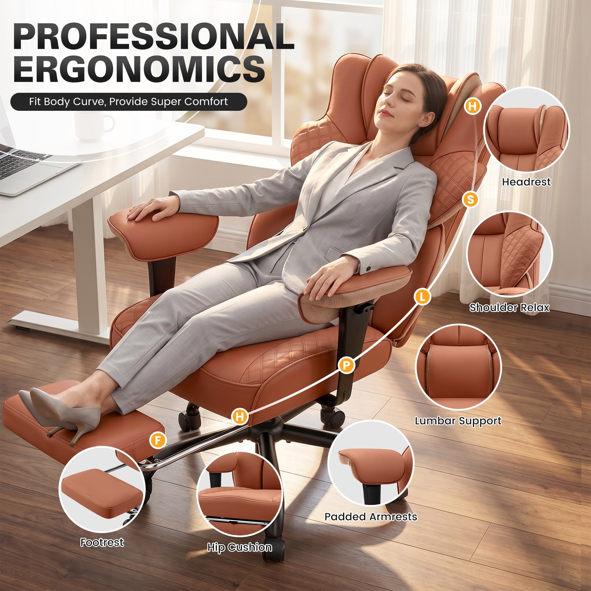 COOLHUT Big and Tall Office Chair 500lbs, Heavy Duty Ergonomic Office Desk Chair with Deluxe Embossing PU Leather with Footrest, Executive Gaming Chair with Lumbar Support, Brown
