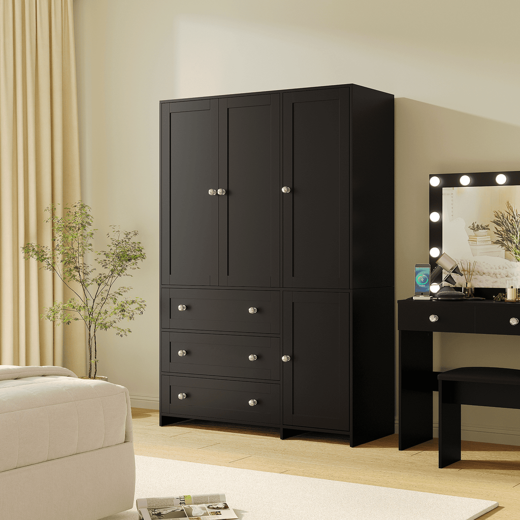 Richya Wardrobe Closet Armoire Storage Cabinet 3 Doors with Hanging Rod for Hanging Clothes Bedroom Large Capacity Tall Freestanding Armoire Organizer with Shelves particle board