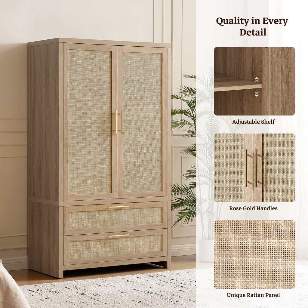 SICOTAS 40W Oversized Boho Armoire Wardrobe Closet with 2 Large Drawers, 71 Tall Rattan Clothing Storage Cabinet with Shelves & Hanging Rod, Farmhouse Freestanding Wardrobe Cabinet for Bedroom, Oak