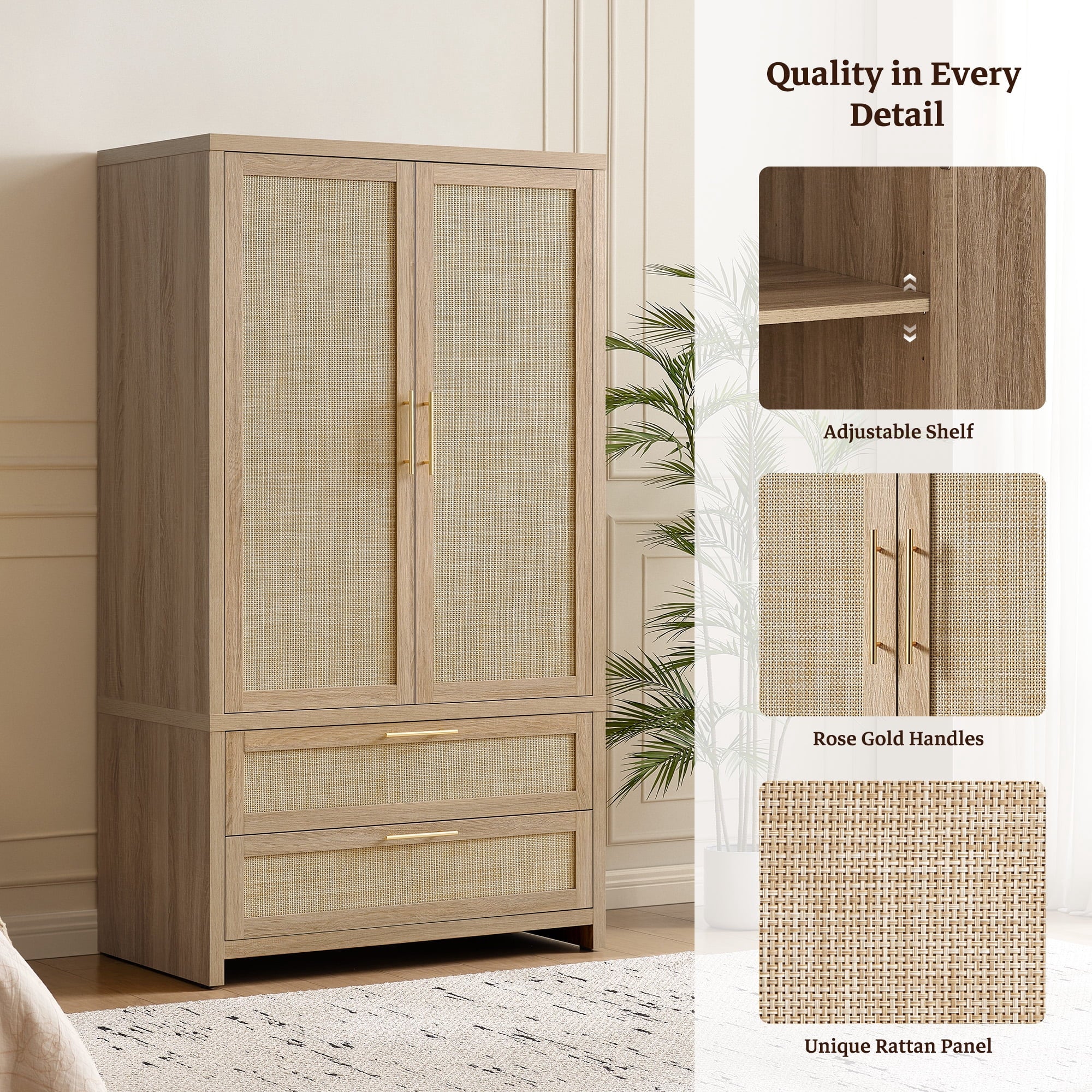 SICOTAS 40W Oversized Boho Armoire Wardrobe Closet with 2 Large Drawers, 71 Tall Rattan Clothing Storage Cabinet with Shelves & Hanging Rod, Farmhouse Freestanding Wardrobe Cabinet for Bedroom, Oak