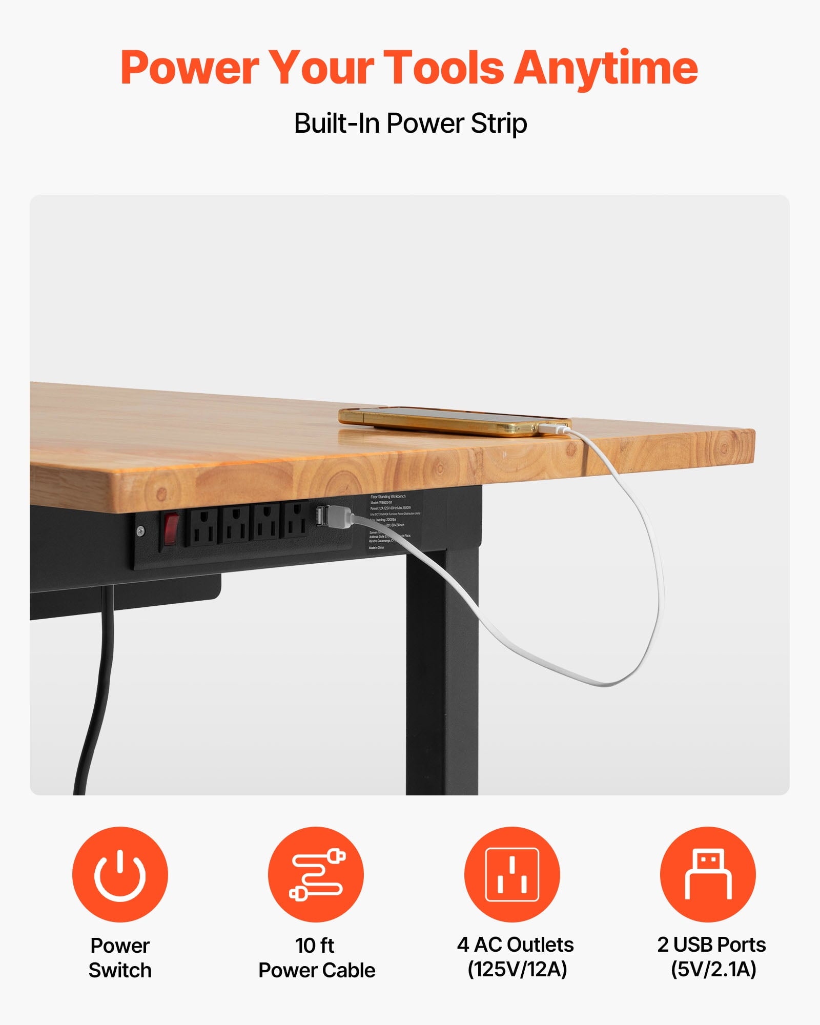 VEVOR Adjustable Workbench on Wheels, 2000 lbs Capacity, 60 x 24 Inch Oak Wood Top Workbench with Drawer & Power Outlets, Heavy-Duty Hardwood Worktable for Garage, Workshop, Home, Office, Commercial