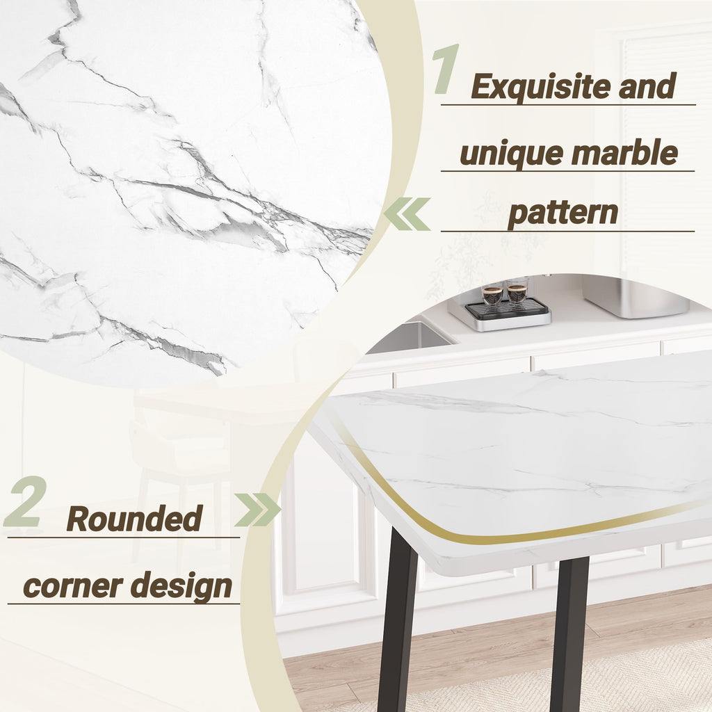 PORKISS 5 Piece Dining Table Set, Modern Faux Marble Tabletop and 4 Linen Upholstered Chairs, Rectangle Kitchen Table and Chairs for 4, White + Gray(Linen)