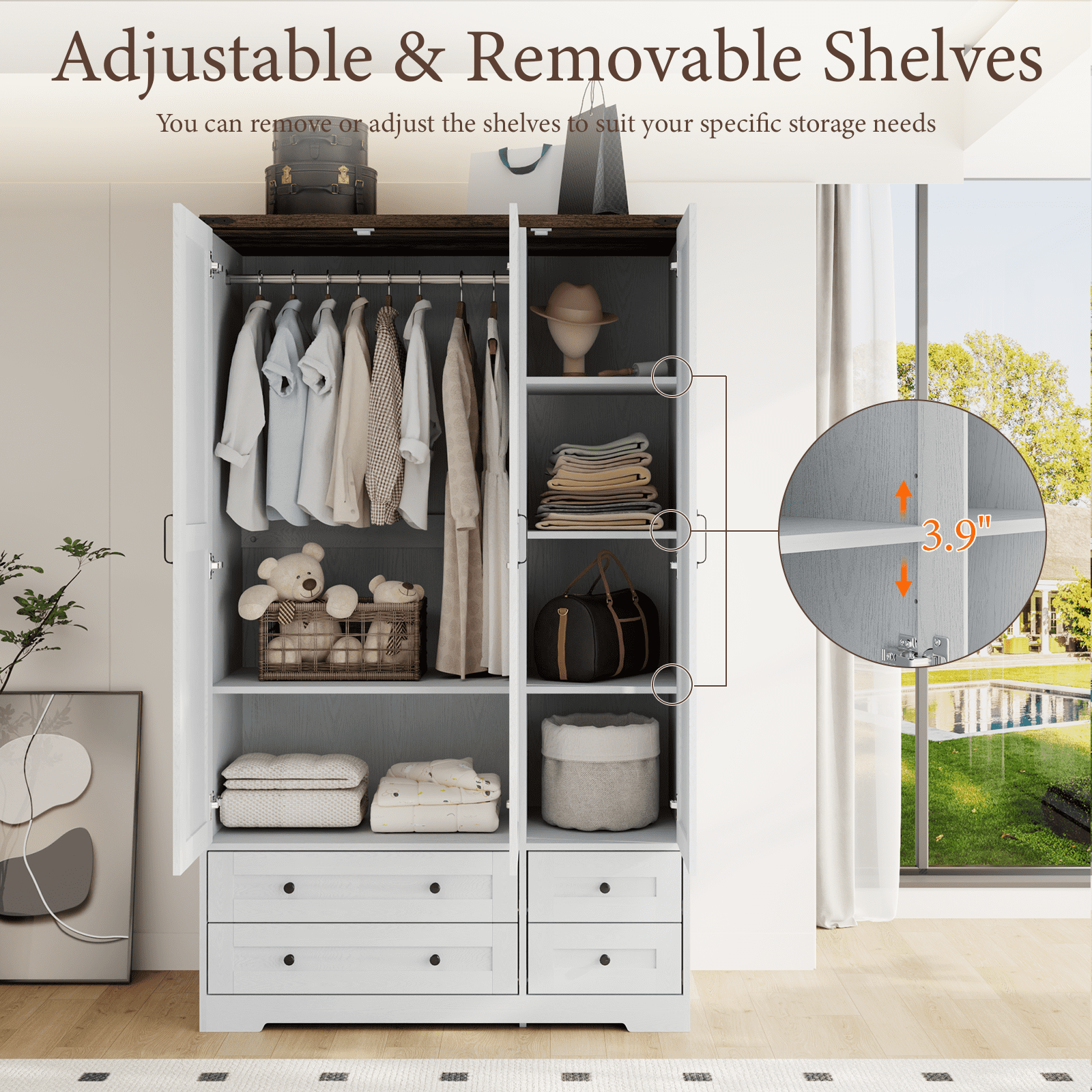 Brafabhome 71H Armoire Wardrobe Closet with 2 Drawers, Farmhouse 2 Doors Armoire Cabinet with Hanging Rod, Modern Freestanding Wardrobe Clothes Cabinet for Bedroom | Gray