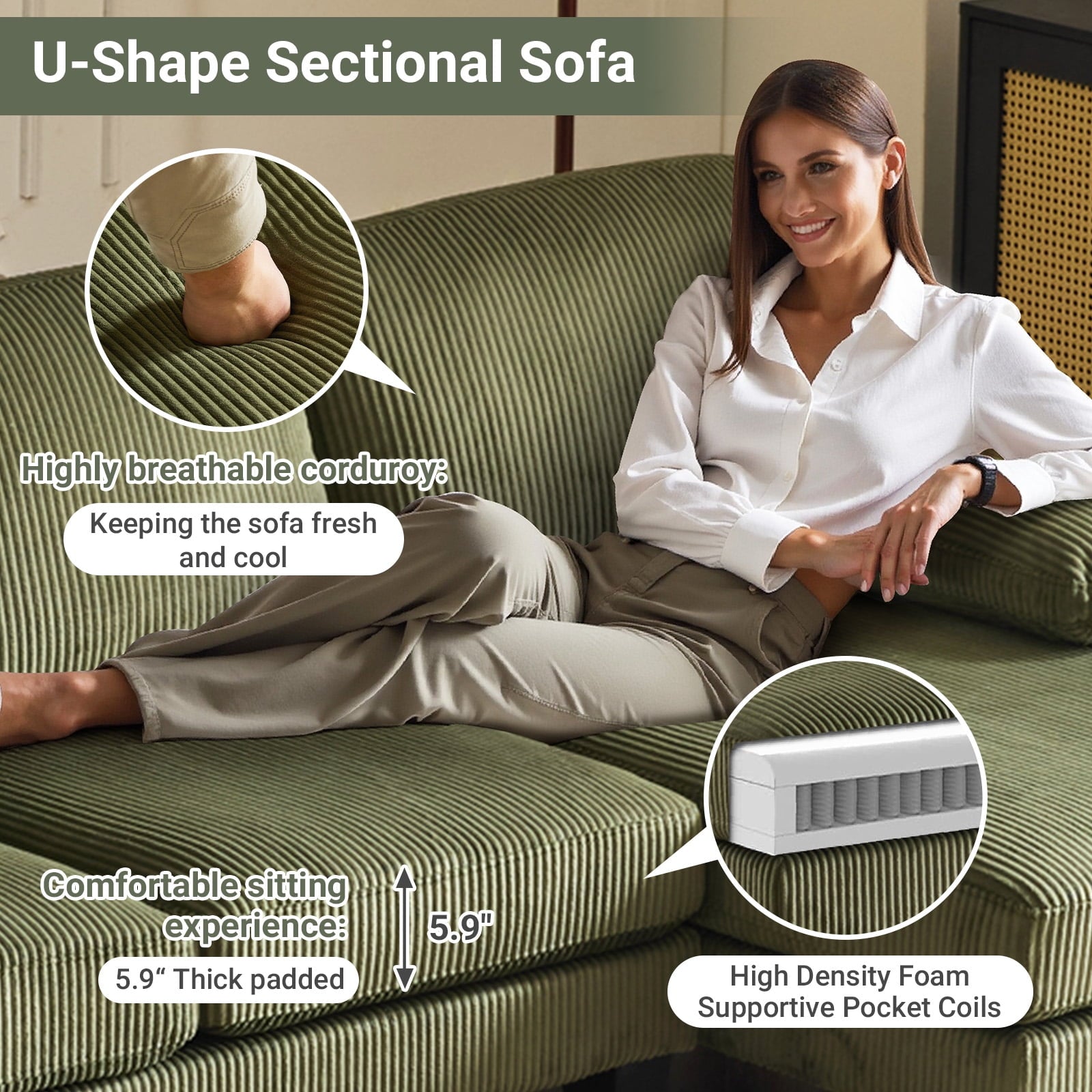 Ktaxon U-Shaped Sectional Sofa, 111  Chenille Couch, 4 Seat Lounge Sleeper with Double Chaise for Living Room Black