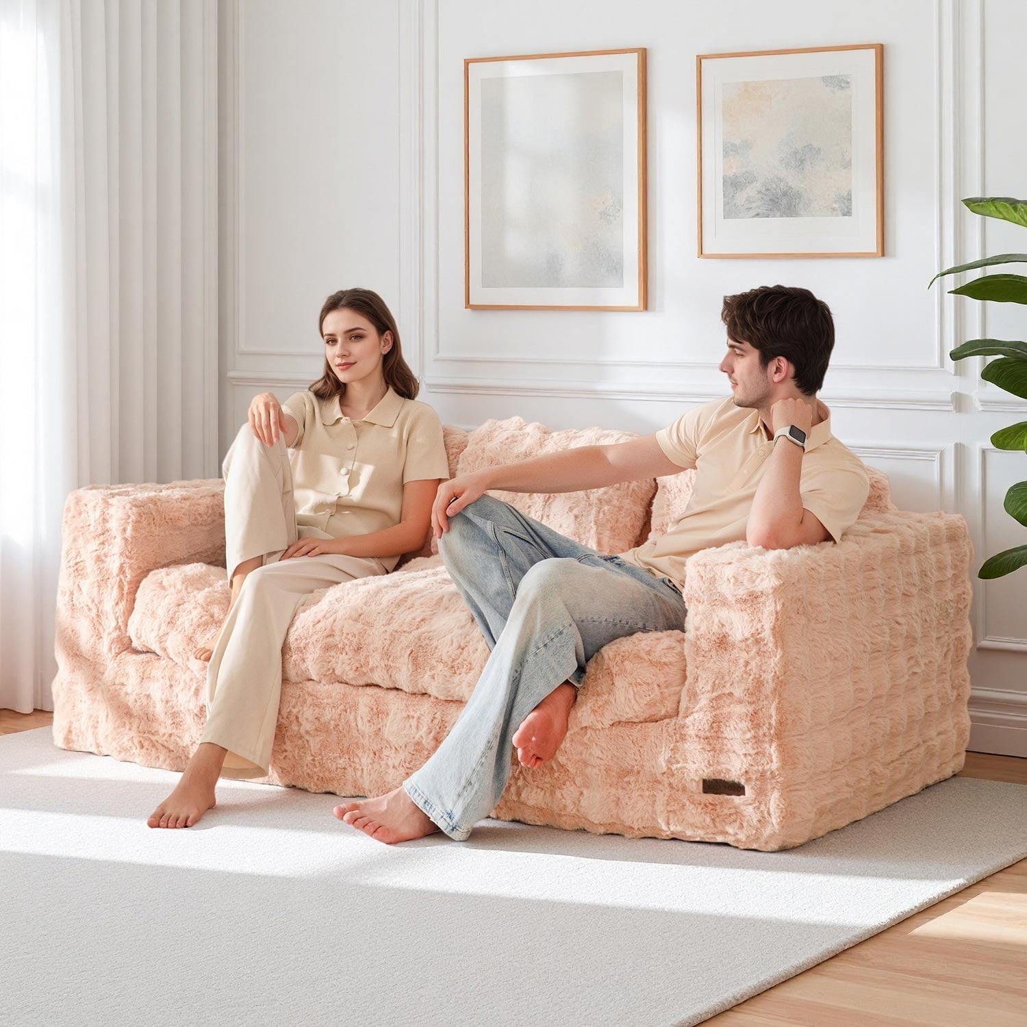 GOODONE Bean Bag Chair Sofa,Giant Loveseat Bubbled Boneless Couch,Modern Soft Comfy Plush Lazy Sofa for Living Room and Apartments,No Assembly Required,Beige